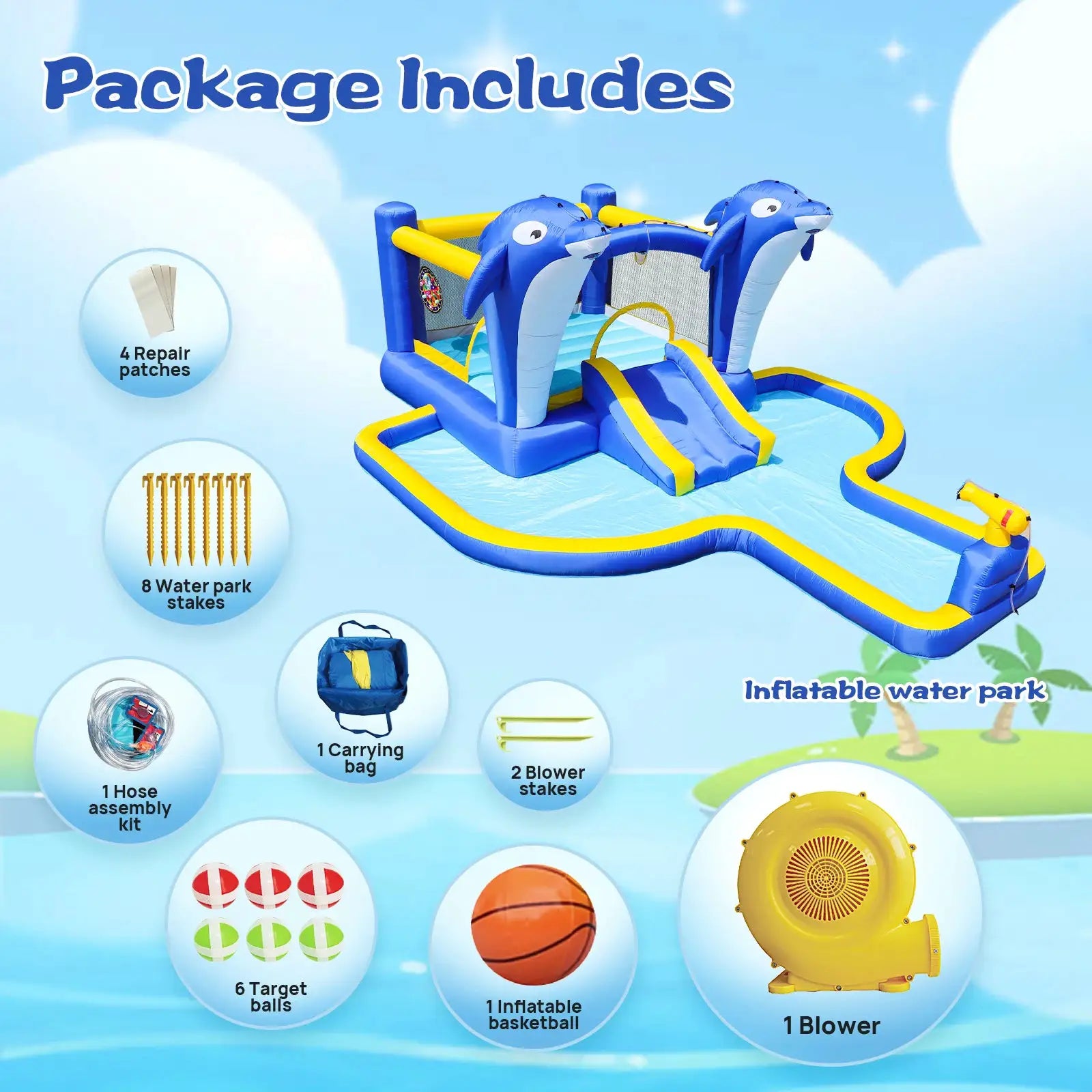 Inflatable Bounce House Wet Dry Water Slide Kids Jumping Castle For Outdoor Backyard with Dolphin sprinkler & Target games from PriceLows™