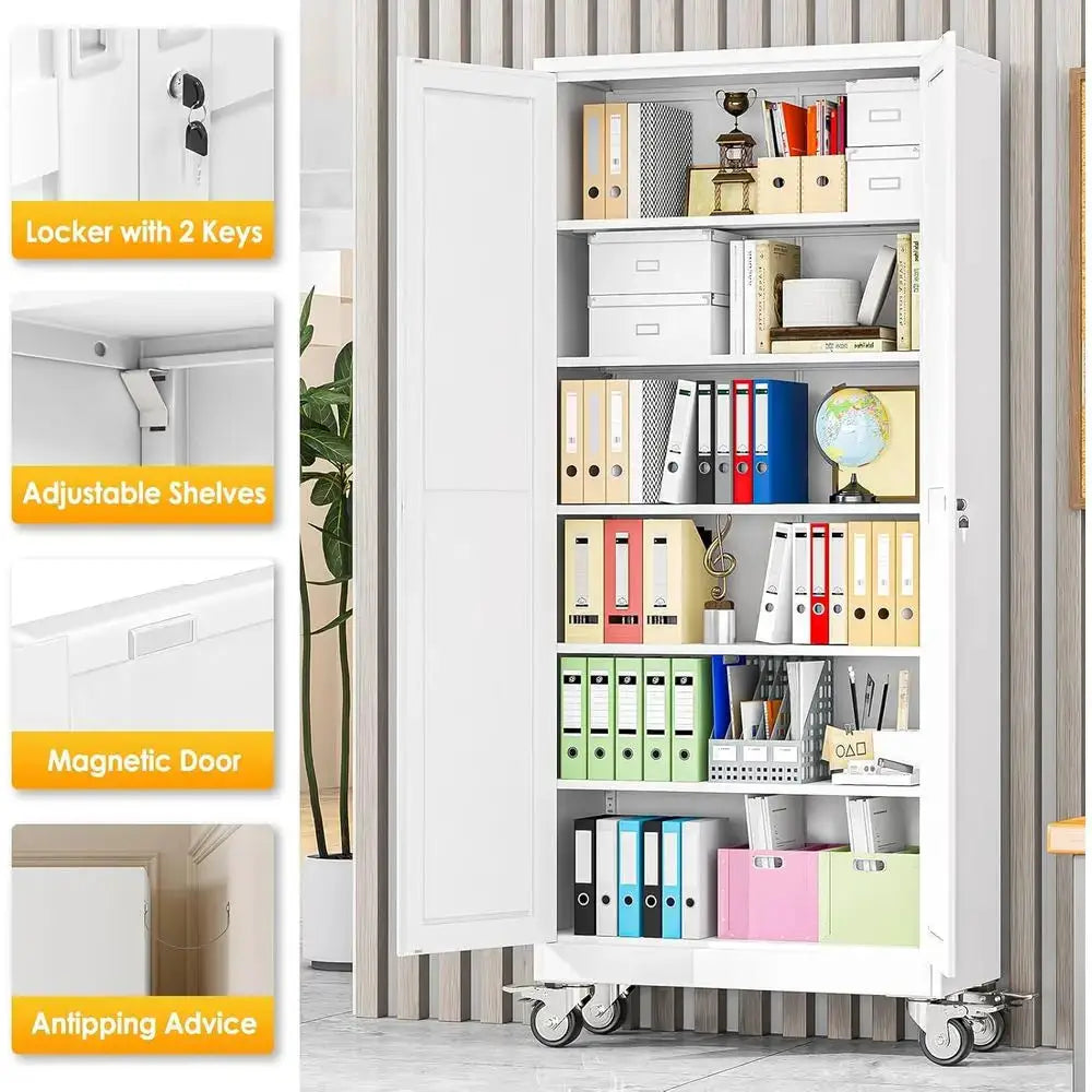 75 High Metal Storage Cabinet with Wheels, 2 Doors & 5 Shelves, White, Ideal for Home, Office, Warehouse from PriceLows™