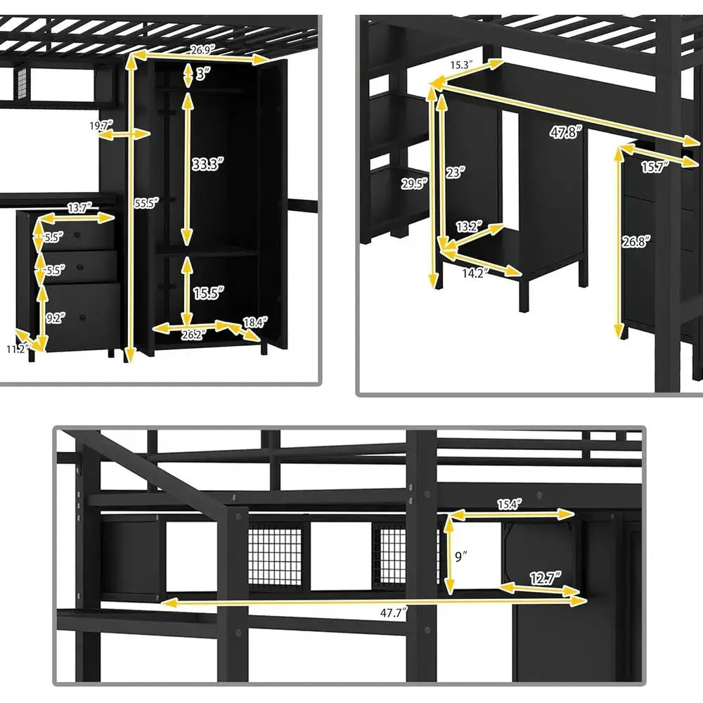 Full-Size Metal Loft Bed with Stairs, Wardrobe, Storage, Desk and Drawers Cabinet for Kids, Teens, and Adults in Black from PriceLows™