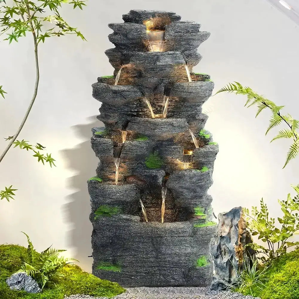40 Outdoor Tiered Rock Waterfall Fountain with LED Lights for Patio and Garden Decor from PriceLows™