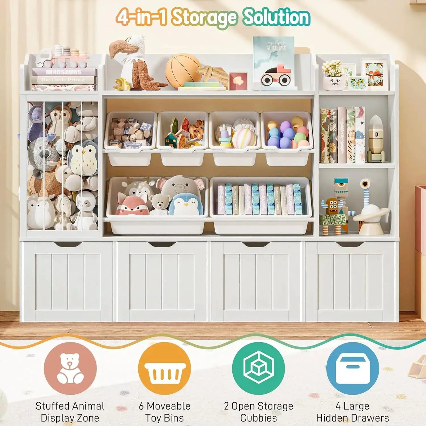 Kids Toy Organizer with 3 Movable Drawers, Multi-Functional Storage Cabinet Bookcase with 6 Toy Bins for Room, White from PriceLows™