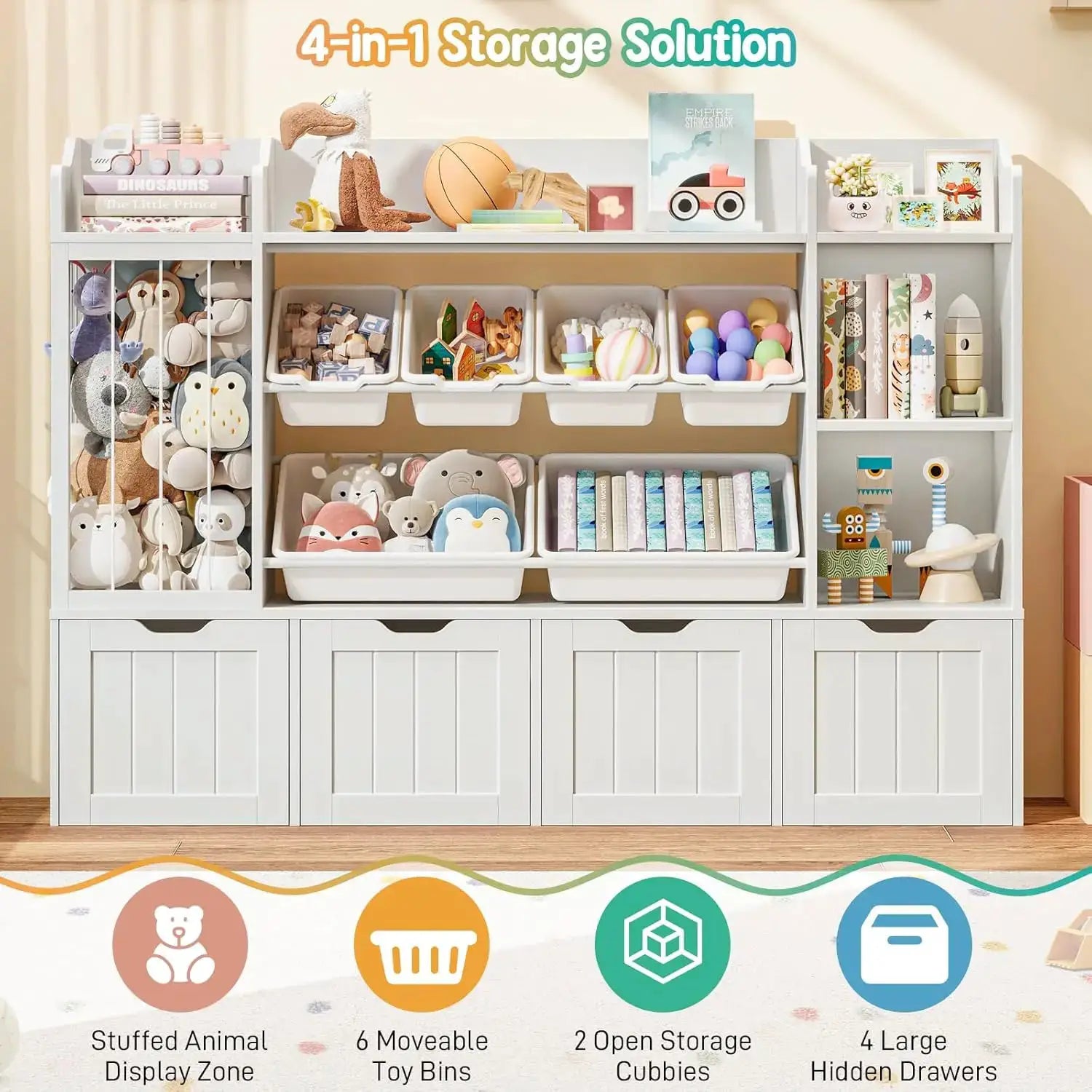 Kids Toy Organizer with 3 Movable Drawers, Multi-Functional Storage Cabinet Bookcase with 6 Toy Bins for Room, White from PriceLows™