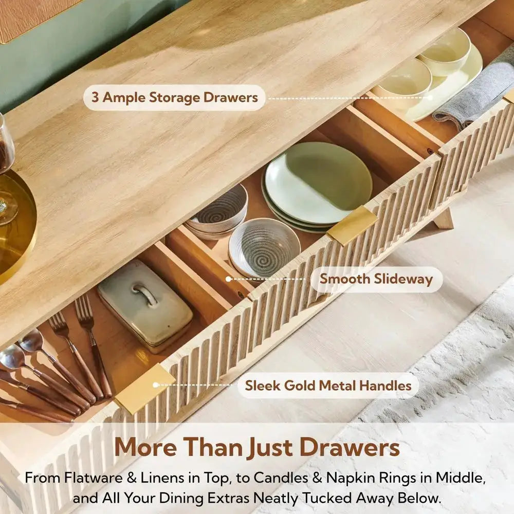 Fluted Wine Bar Cabinet, 60 Wide Modern Buffet Sideboard with Ample Storage 2 Side Cabinets, 3 Drawers, 4 Glass Holders amp 12 from PriceLows™
