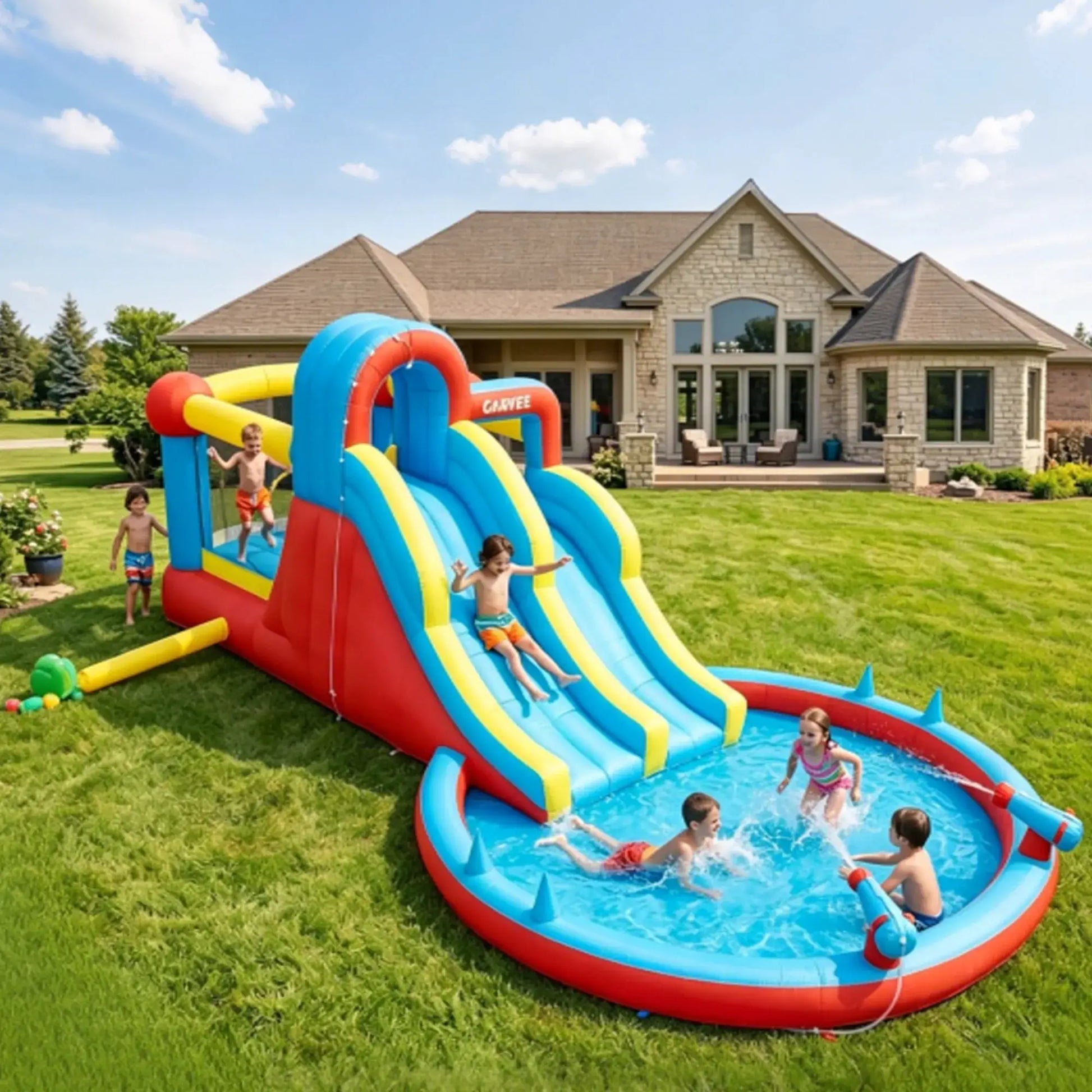 8-in-1 Inflatable Water Park Kids Bounce House With Double Slides & Pool, 550W Blower, Oxford, Indoor Outdoor Set from PriceLows™