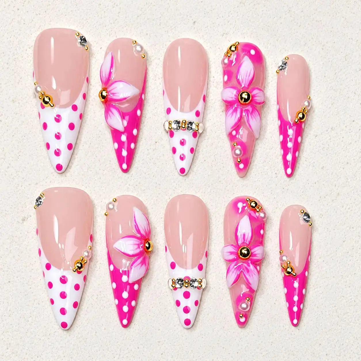 Acrylic Nails | Long Stiletto | Floral Rhinestone Design | 10 Pieces