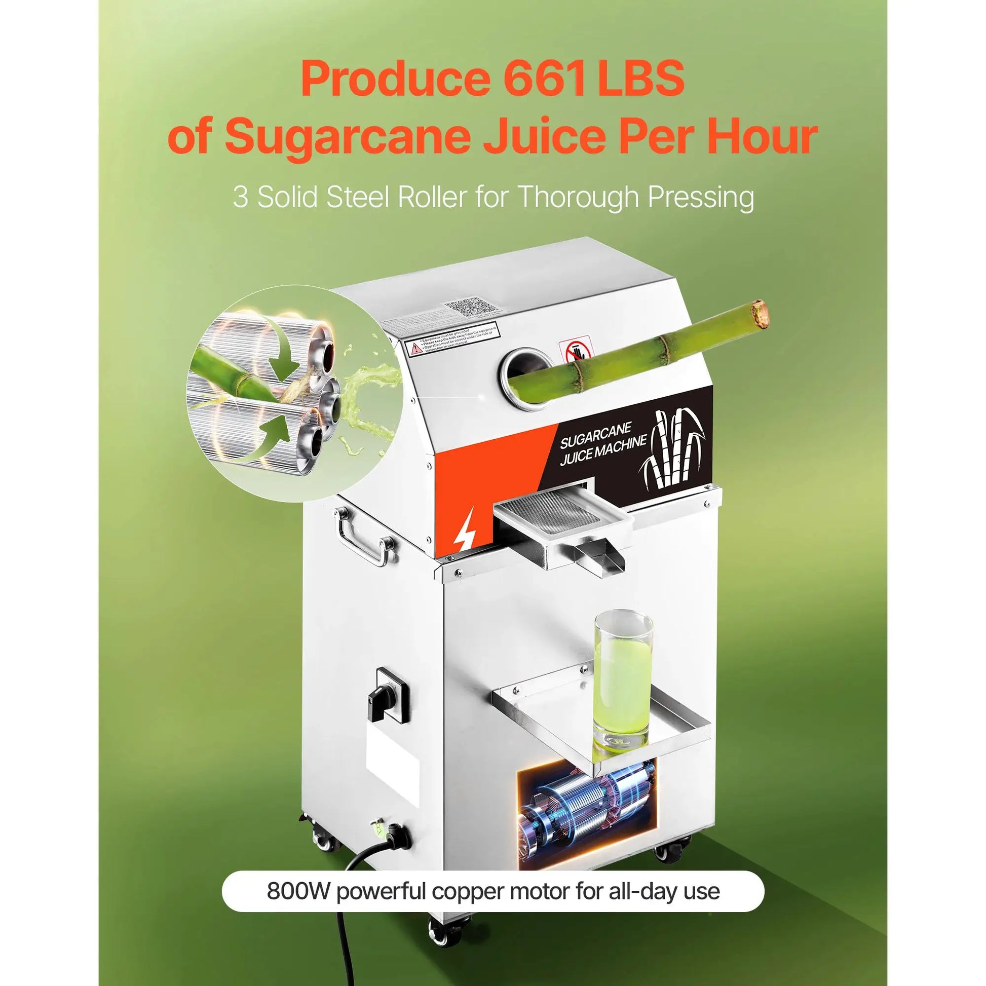SucceBuy Commercial Sugar Cane Juicer 800W Electric Sugarcane Juicer Machine with 661LBS/H High Output 3 Stainless Steel Rollers Sugar Cane Press Juice Extractor Squeezer on Wheels for Home Commercial from PriceLows™