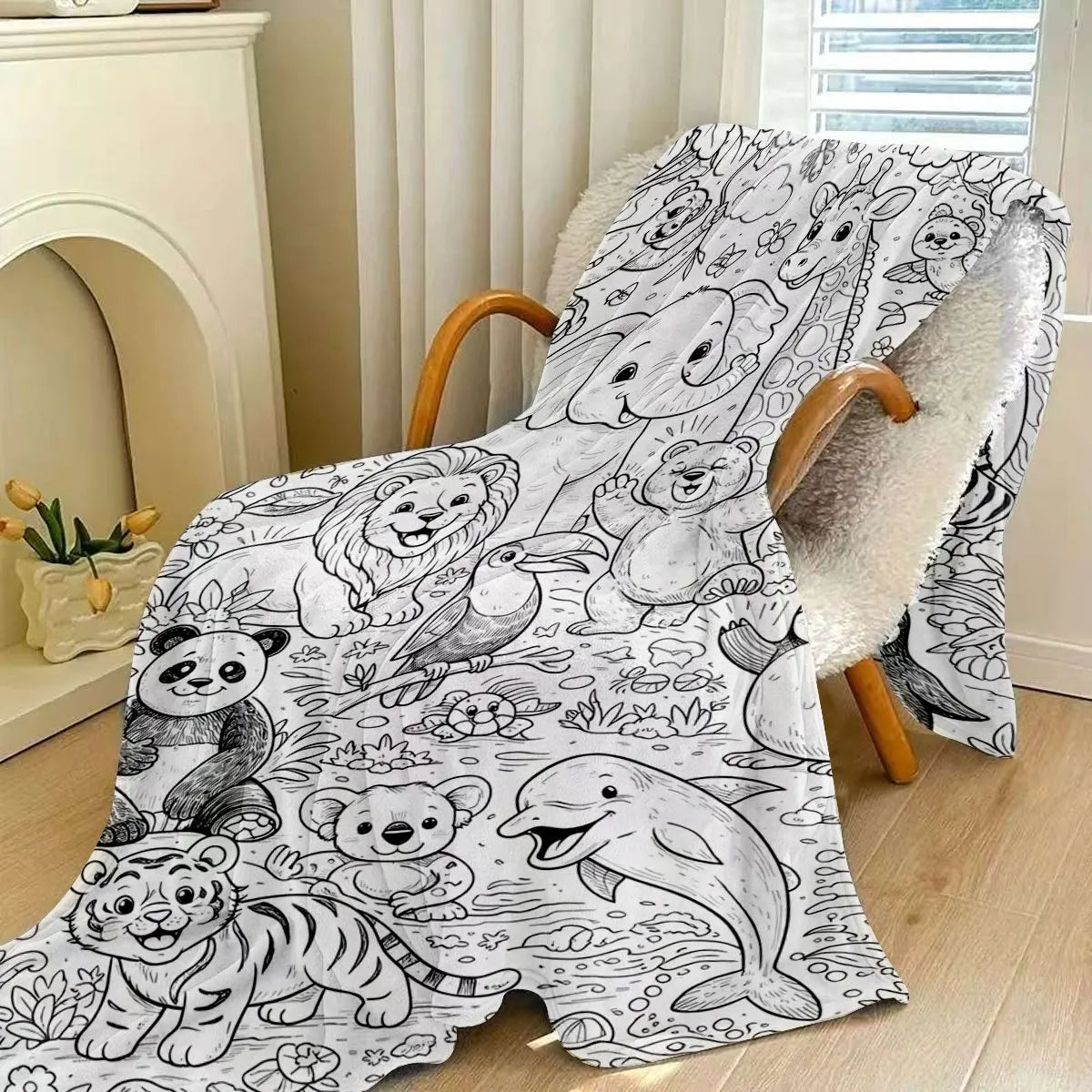 Throw Blanket | Coloring Book Jungle Ocean Line Art | 100% Polyester | One Size