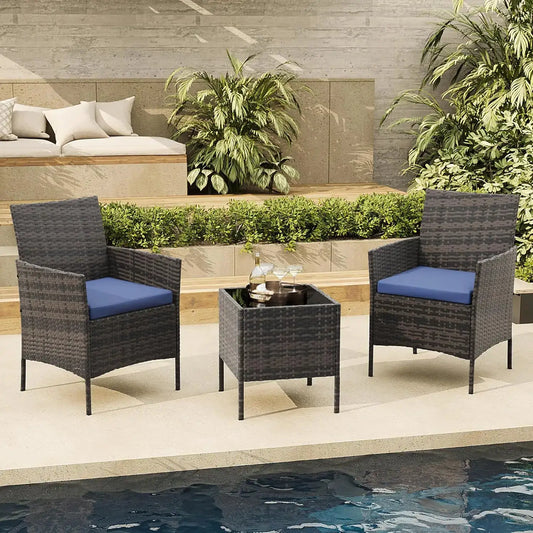 3 Piece Outdoor Patio Furniture Set, PE Rattan Wicker Chairs with Soft Cushions, Tempered Glass Coffee Table, All Weather Conversation Set for Garden Porch Poolside Balcony from PriceLows™
