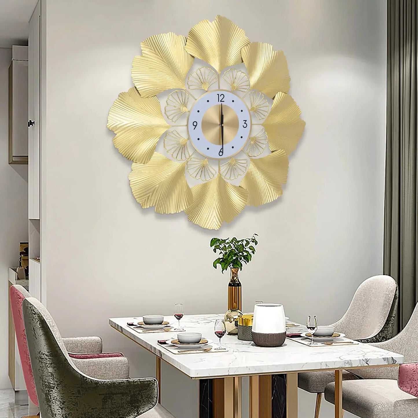 Ginkgo Biloba Wall Clock 70cm Large Nordic Light Luxury Design, White Gold Iron Silent Non-Ticking Battery Operated Living Room from PriceLows™