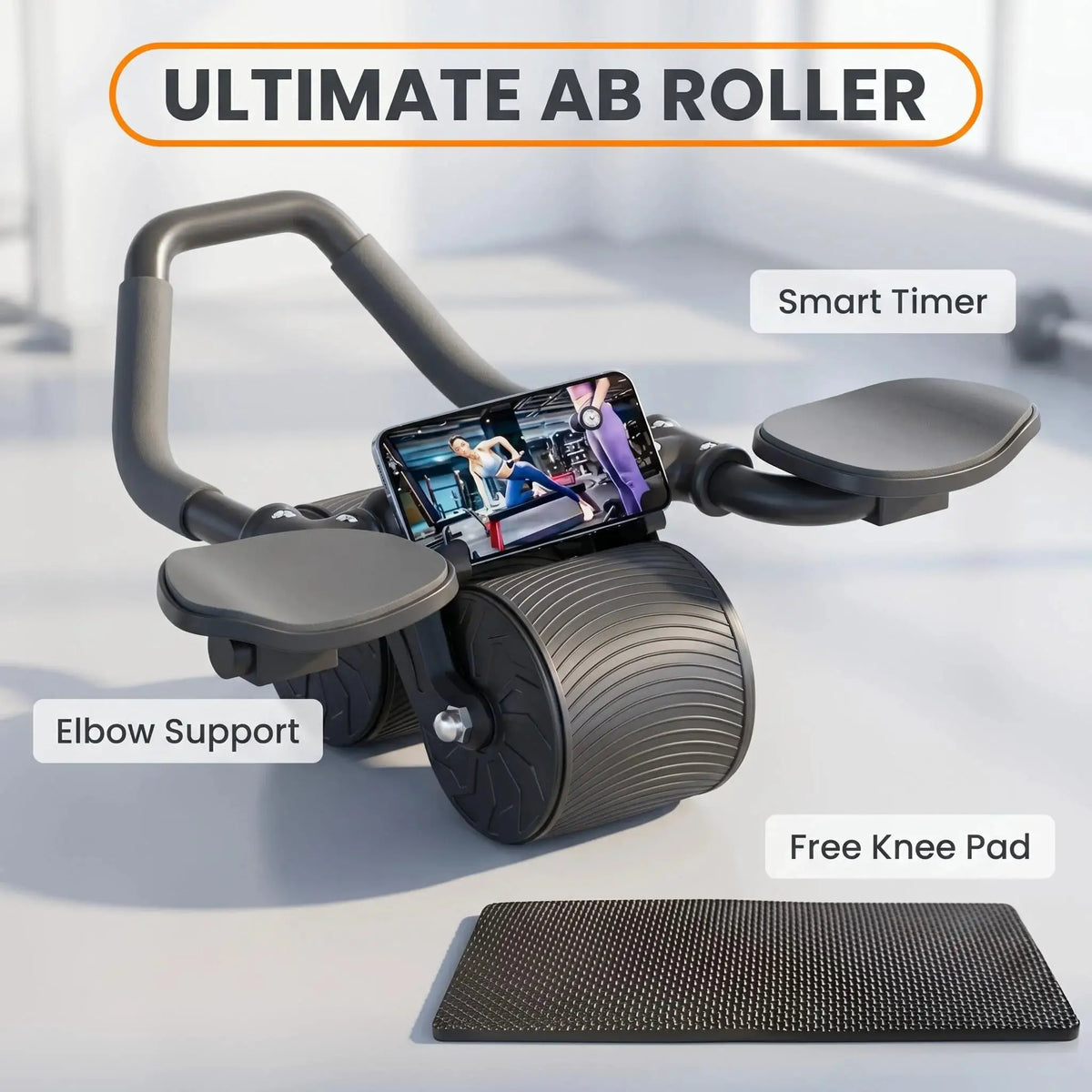 Ab Roller | 3 In 1 Core Kit | Double Wheel | Black With Kneepad