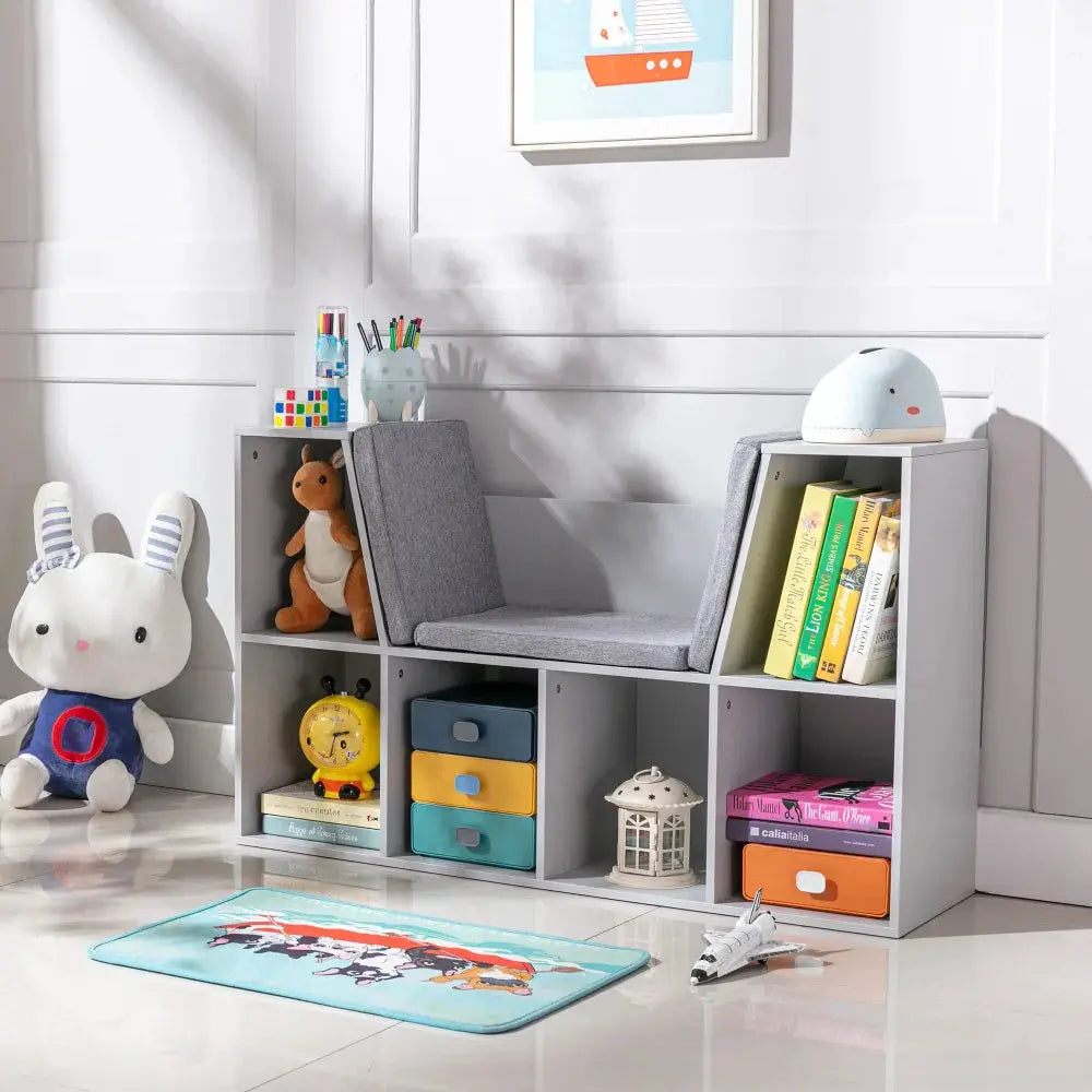 6-Cubby Kids Bookcase with Reading Nook and Cushion, Multi-Purpose Storage Organizer for Bedroom, Living Room, Grey from PriceLows™