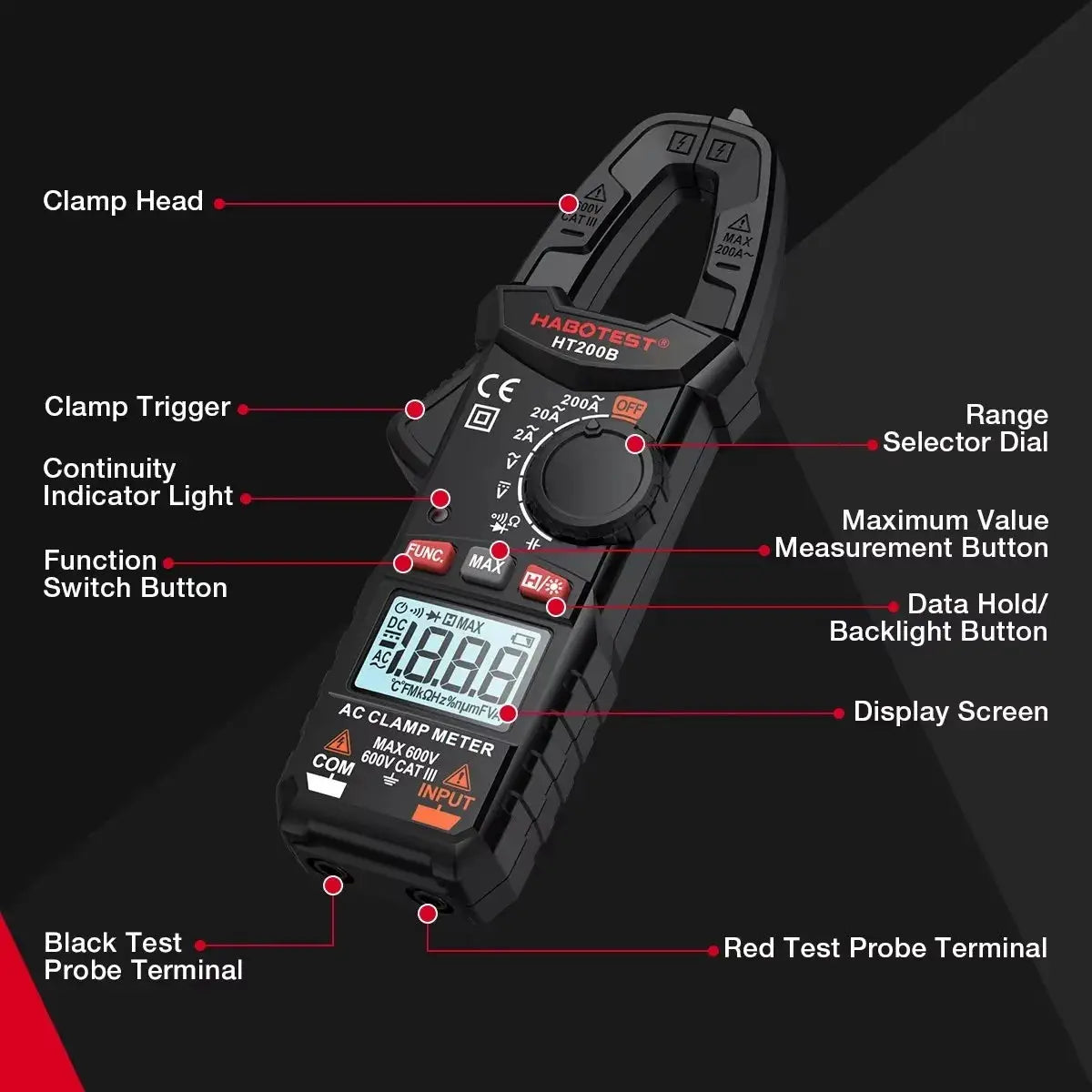 HABOTEST HT200A HT200B Clamp Meter Digital Multimeter, AC Current Ammeter Voltage Tester, 2000 Counts for Electricians Home Use from PriceLows™