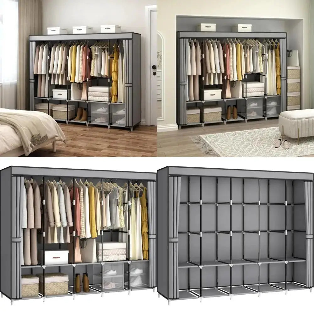83 Wide Portable Closet Organizer with Cover, 5 Hanging Rods & 10 Shelves, Grey from PriceLows™