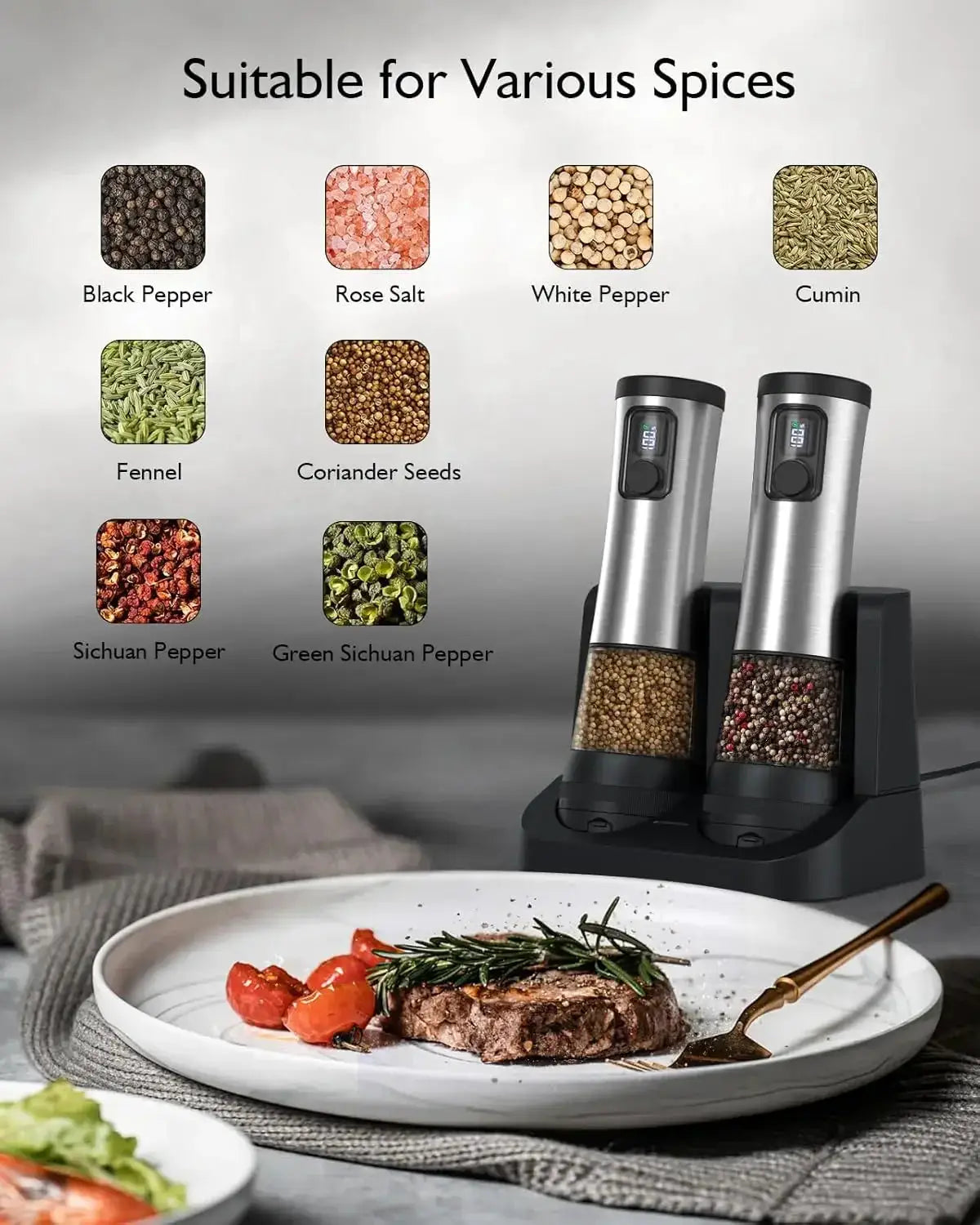 Electric Salt And Pepper Grinder Set | 5 Coarseness Levels | LED | One Handed