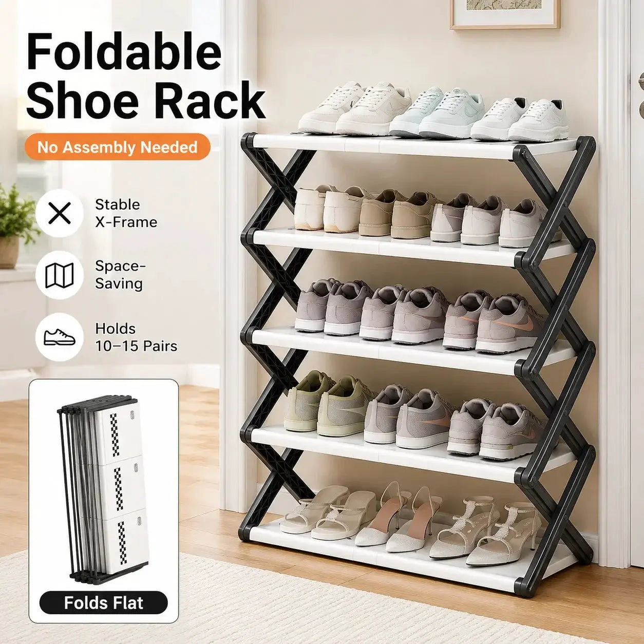 Joybos Foldable Shoe Rack, Space-Saving Entryway Shoe Organizer with Stable X-Frame, PP Shelves & Steel Tubes, No Assembly Needed from PriceLows™