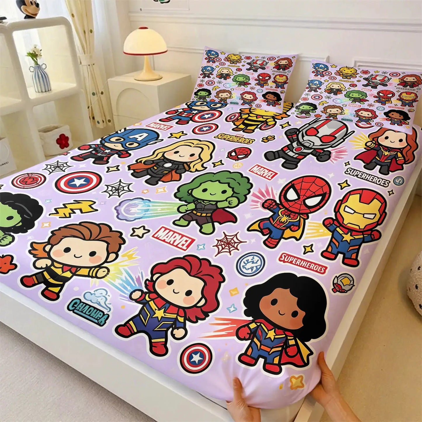 Marvel & DC Cartoon Fitted Sheet Set Chibi Superhero Bed Linen with Pillowcases Deep Pocket Gaming Room Fan Room Kids Room Decor from PriceLows™