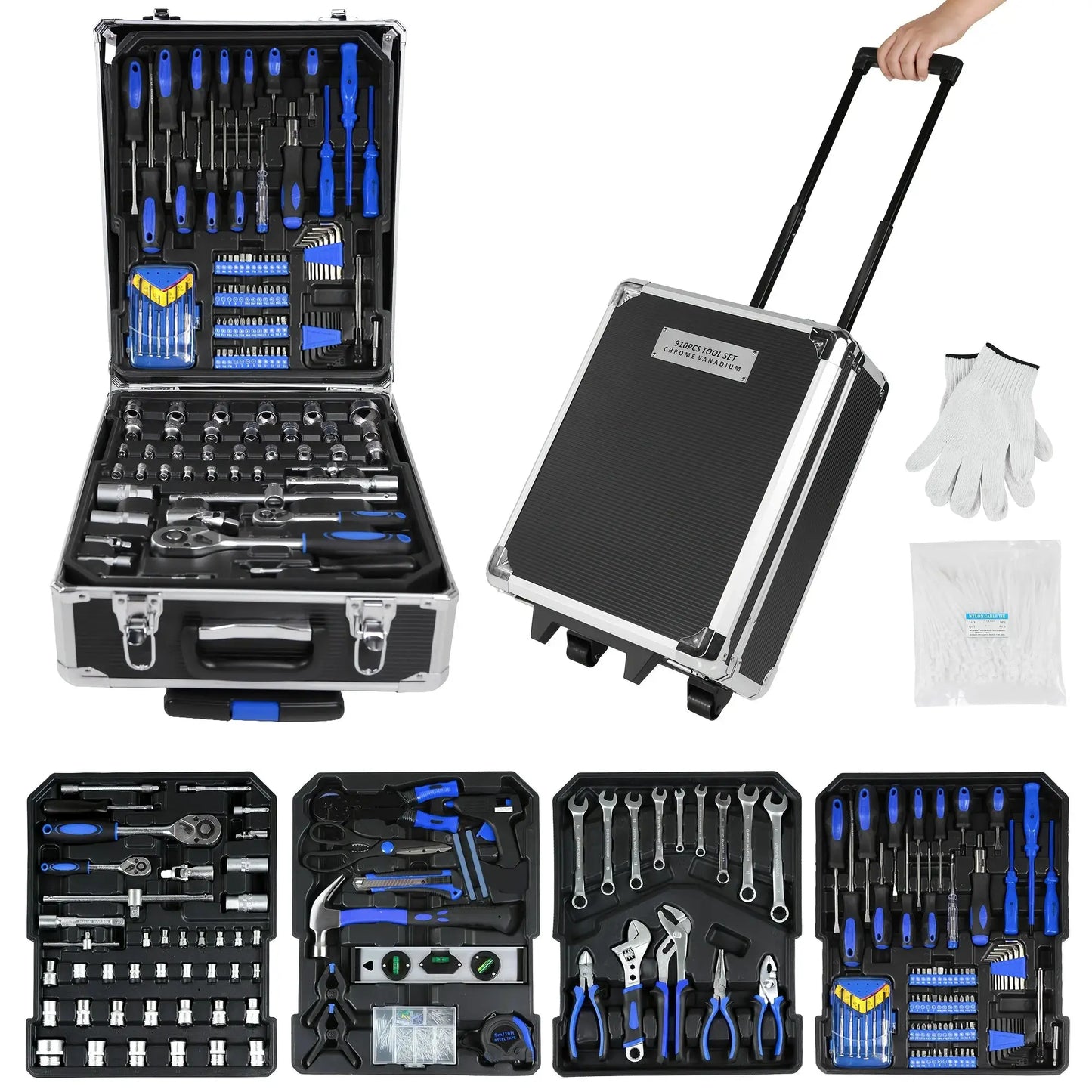 910pcs Aluminum Trolley Case Tool Set with Wheels, Four-Layer Tool Kit with Rolling Tool Box, Portable Toolbox Storage Case with Drawer for Repair Gift On Father's Day Christmas Stuff Valentine's Day Gifts from PriceLows™