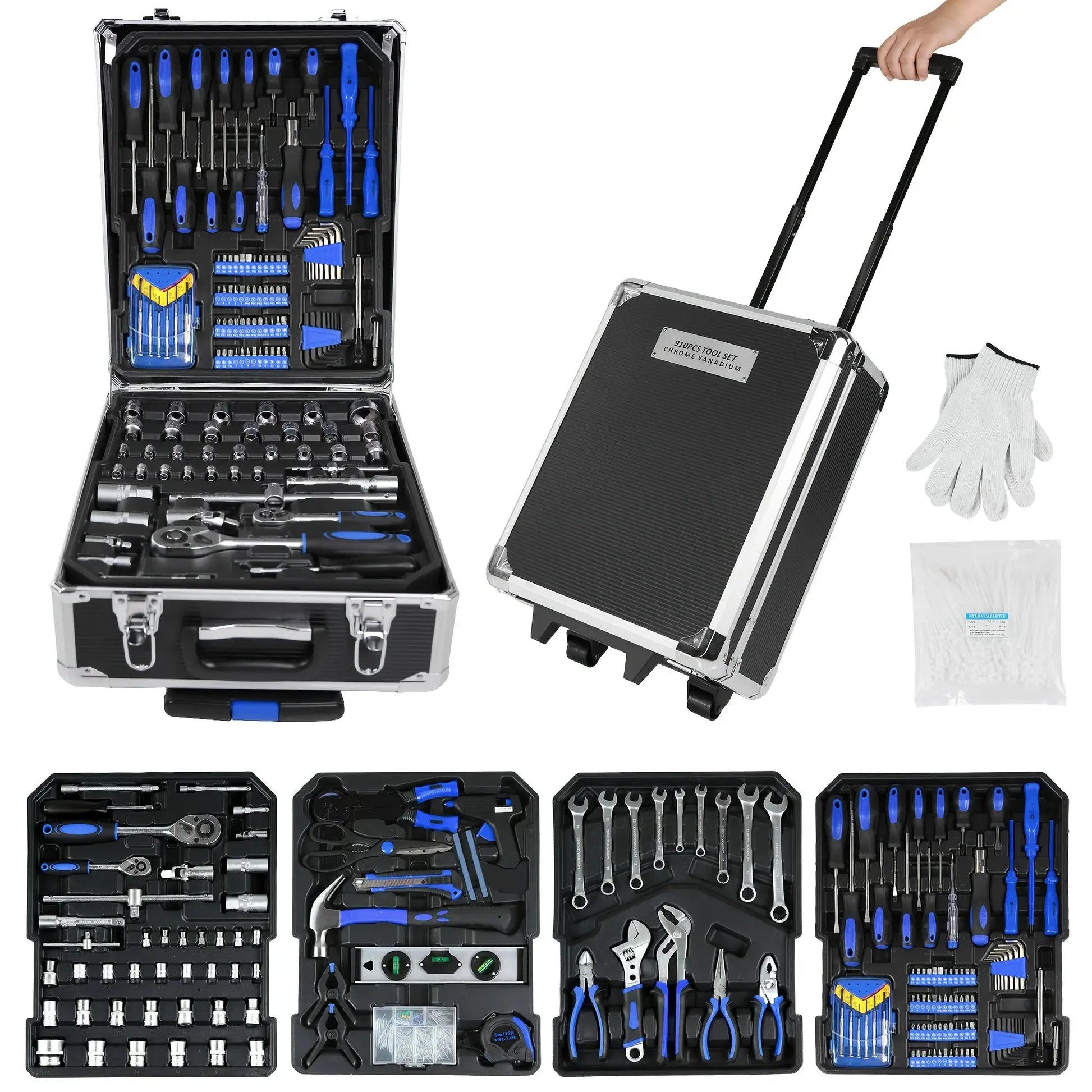 910pcs Aluminum Trolley Case Tool Set with Wheels, Four-Layer Tool Kit with Rolling Tool Box, Portable Toolbox Storage Case with Drawer for Repair Gift On Father's Day Christmas Stuff Valentine's Day Gifts from PriceLows™