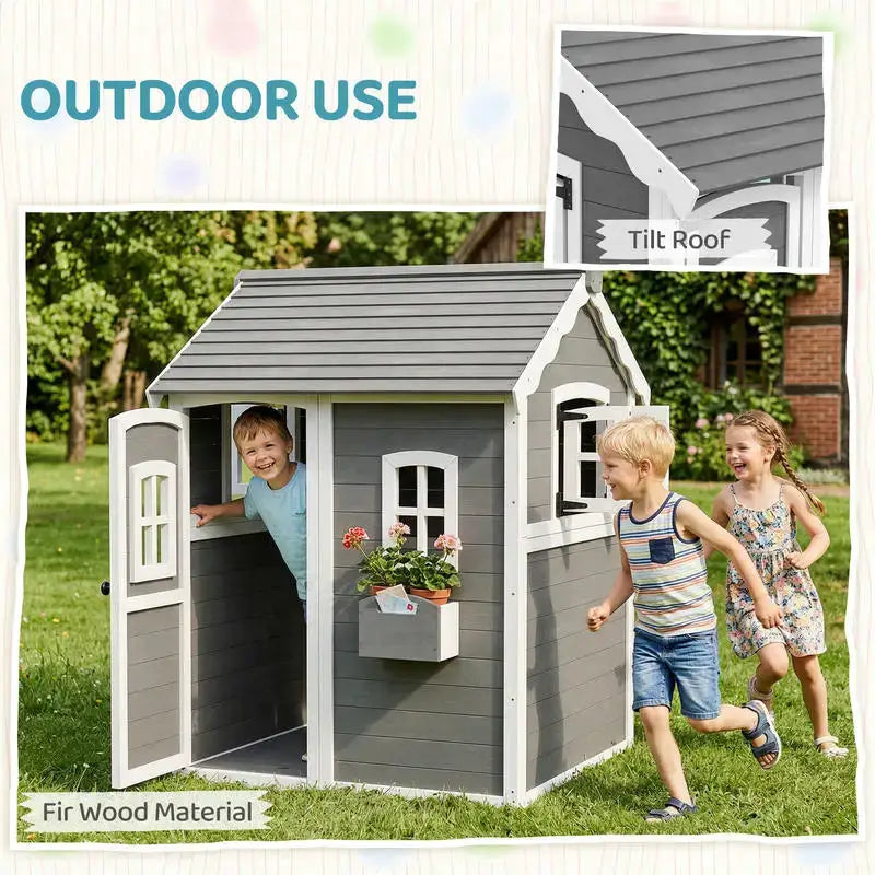 Outsunny Outdoor Wooden Playhouse for Kids with Floor, Door, Windows, Planter Box for 3-8 Years Old, Backyard, Lawn, Garden from PriceLows™