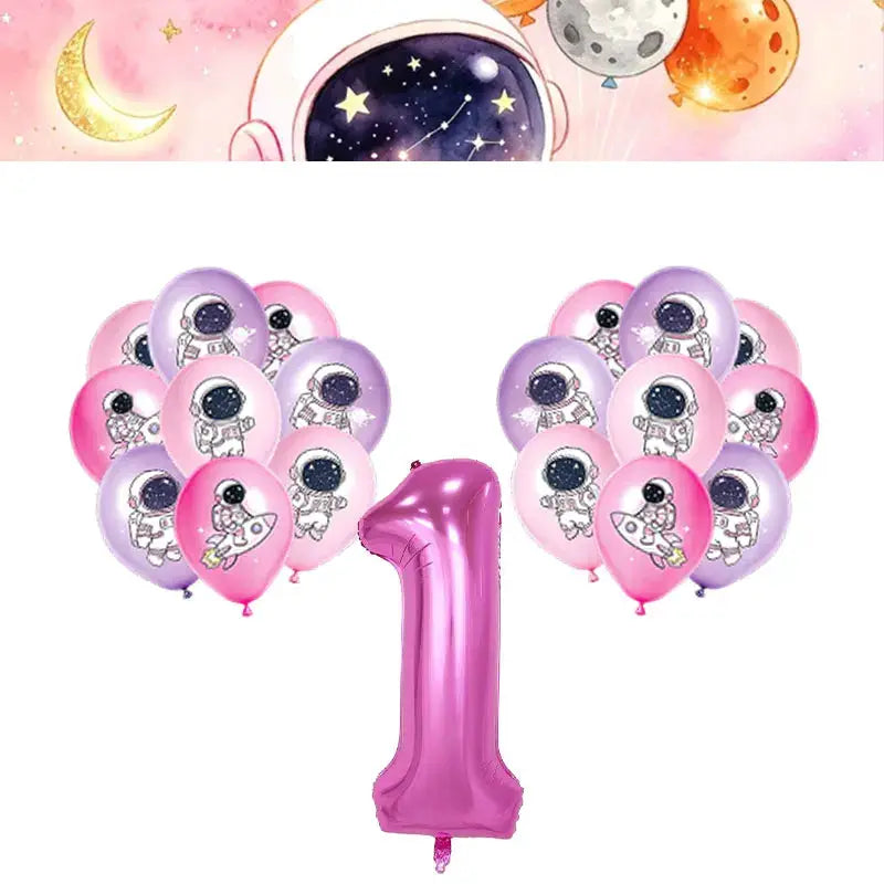 Astronaut Birthday Party Decoration Set | Pink Space | Banner Plate Cups | 61 Pcs