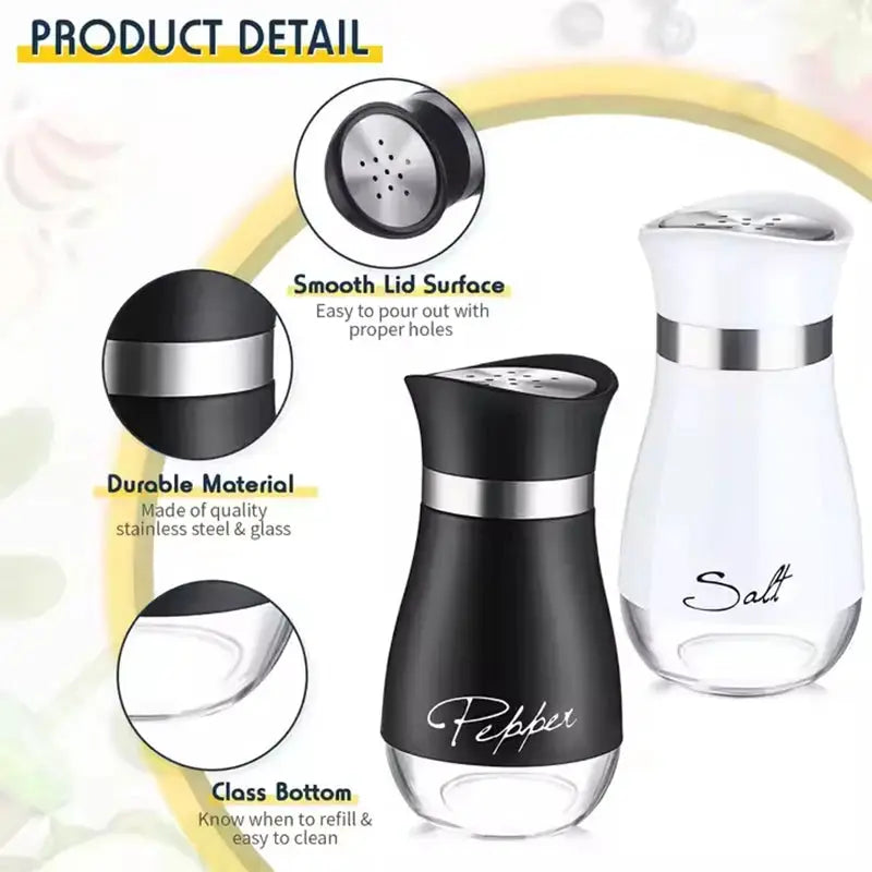 Salt And Pepper Shaker Set | Adjustable Pour Holes | Glass Bottles | 2 Pack