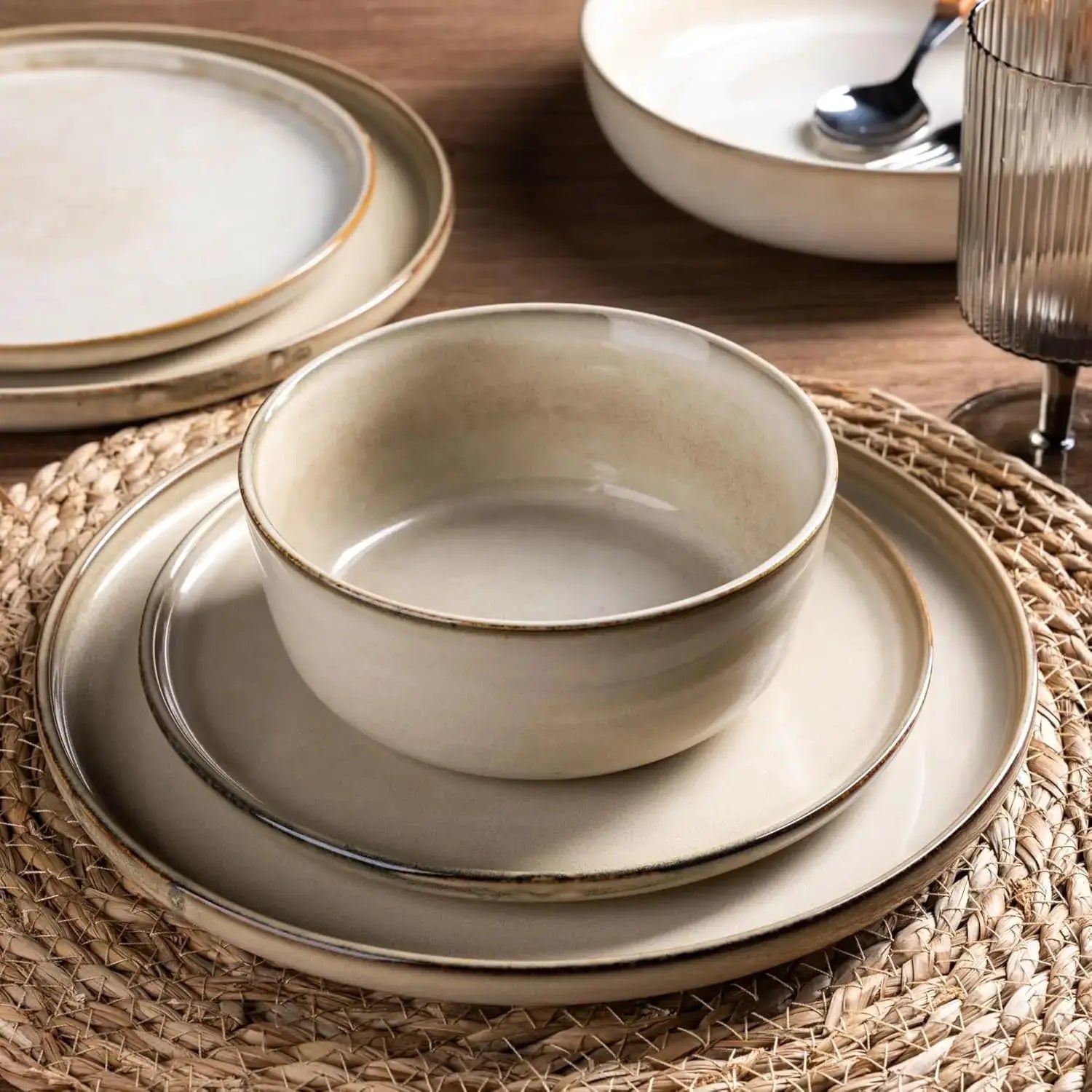 Ceramic Dinnerware Sets for 6, 18 Pieces Stoneware Plates and Bowls Sets, Scratch Resistant Dishes Reactive Glaze-Cappuccino from PriceLows™
