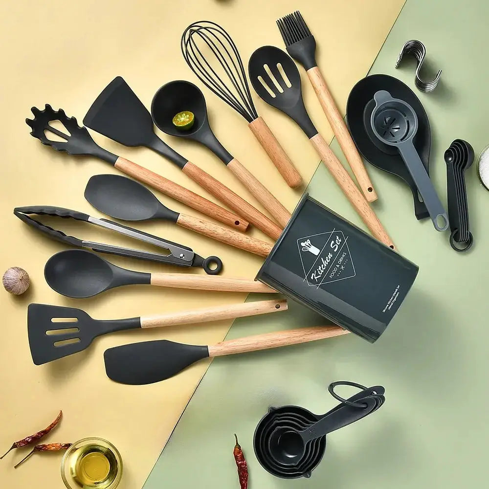 Silicone Kitchen Utensil Set | 34 Piece Collection | Wooden Handles | Black