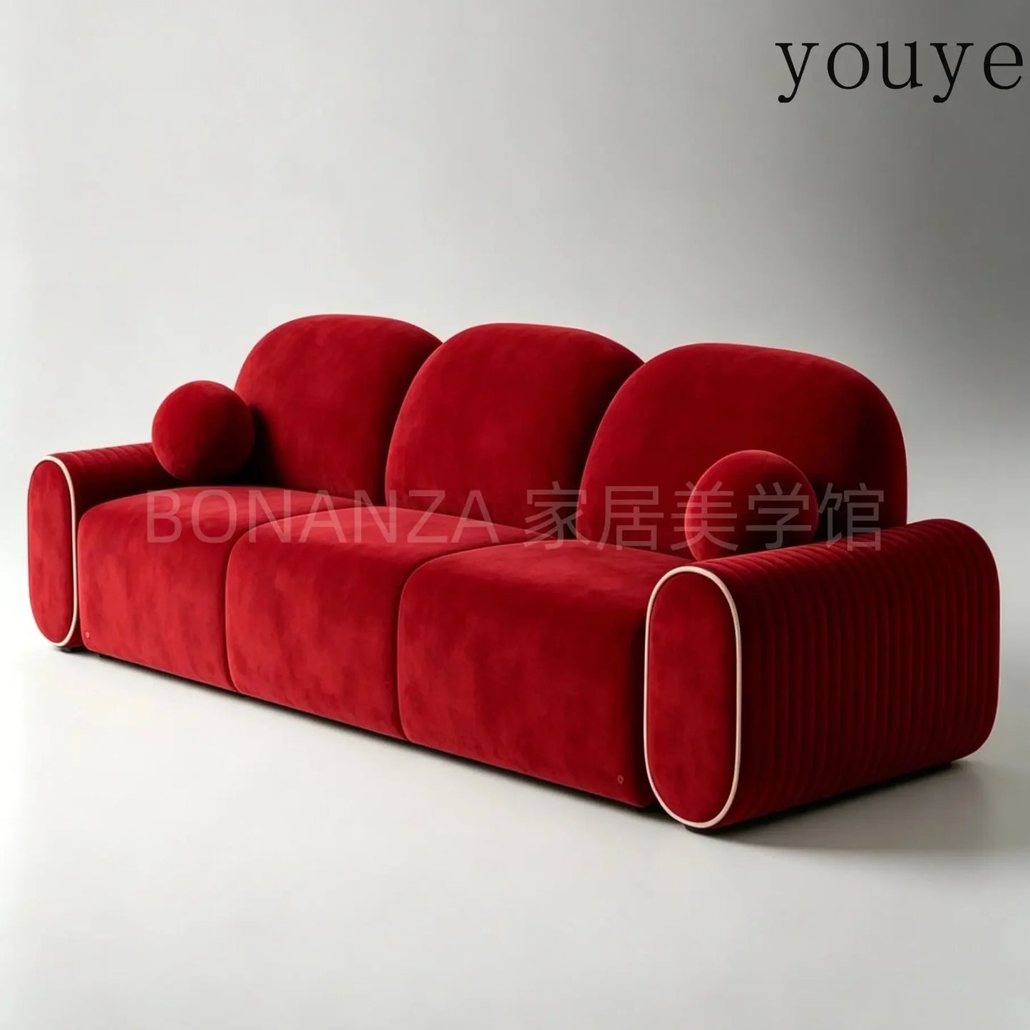 Sofa | Red Velvet | Pleated Armrests Piping | Three-Seater
