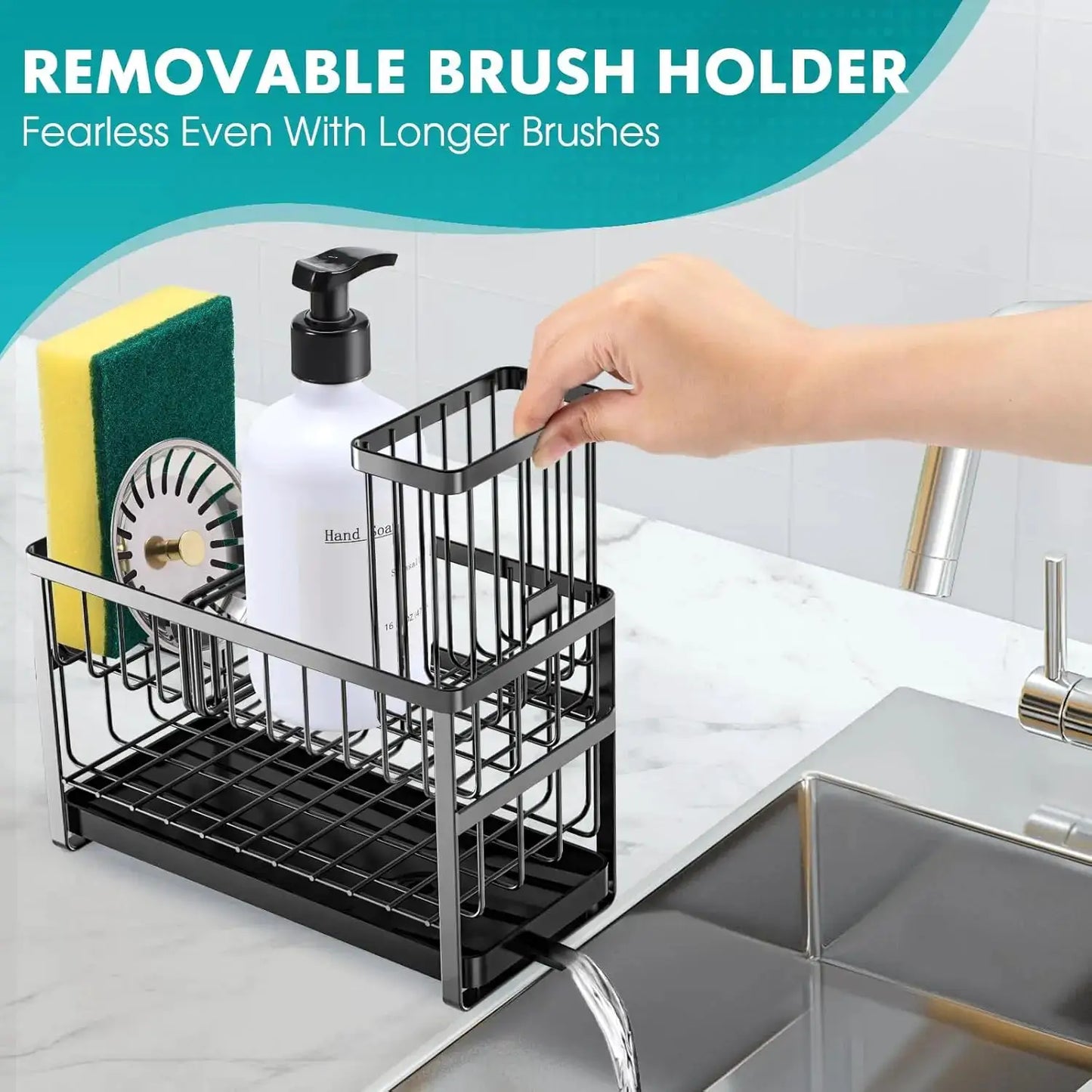 Kitchen Sponge Holder, Sink Caddy Organizer with Brush Holder, Stainless Steel Soap Tray, 2 Tier Black from PriceLows™