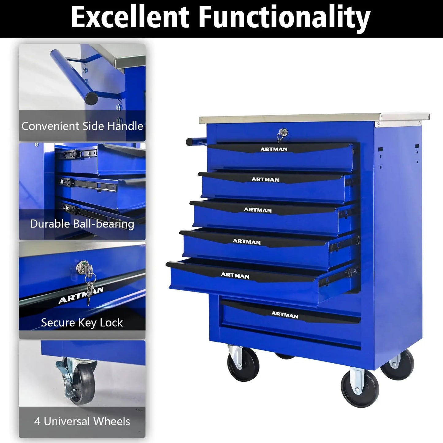 7 drawer wheeled toolbox trolley, tool cabinet, tool storage cabinet with lock and key, suitable for workshops, garages,blue from PriceLows™