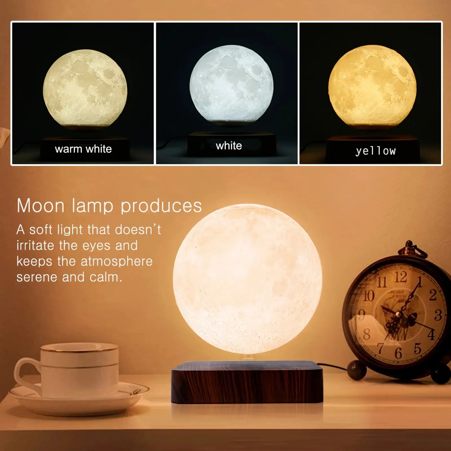 Magnetic Floating Rotating Moon Lamp with Wooden Base, 3 Color Temperature LED Night Lights of Print 3D for Unique Gifts, Room from PriceLows™