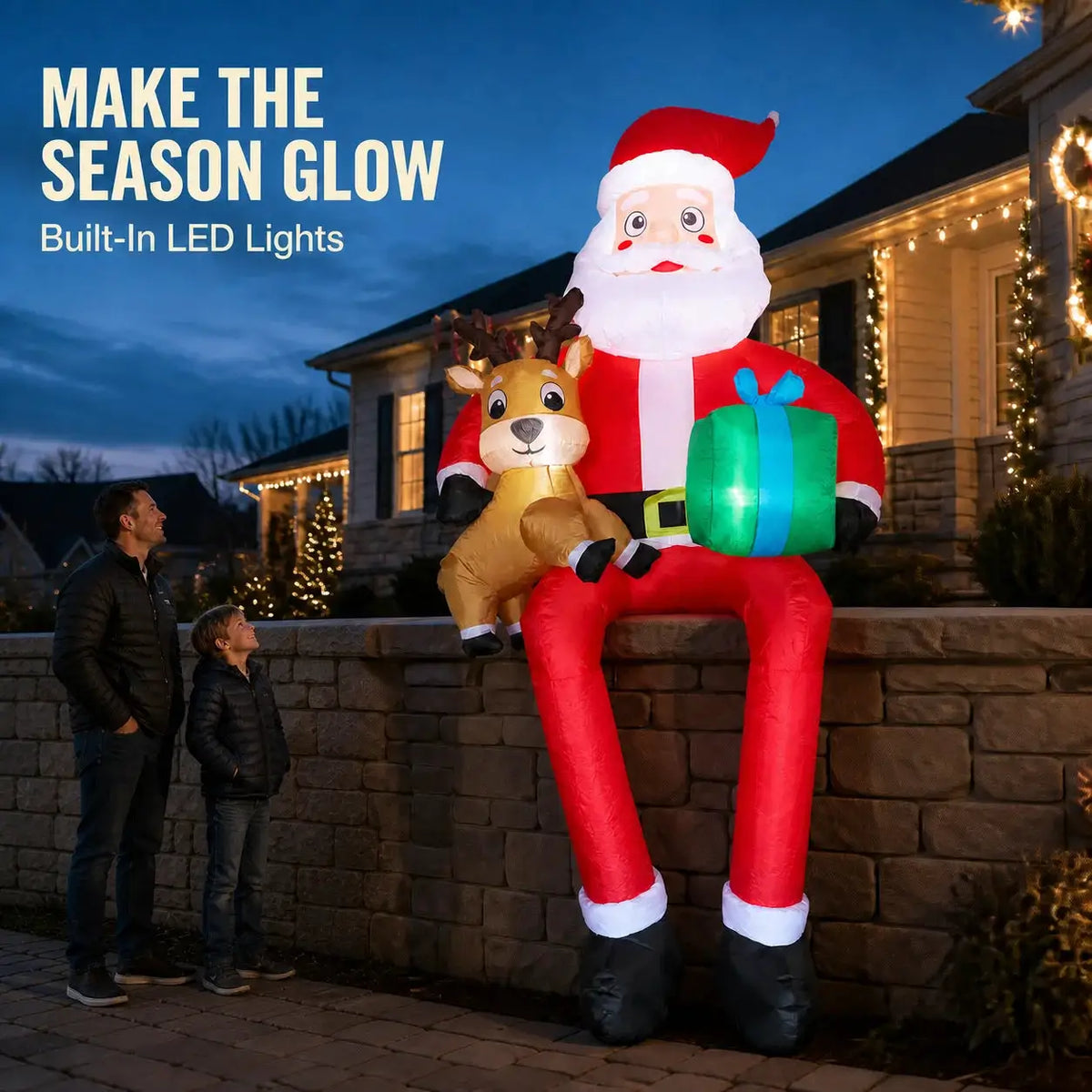 Inflatable Sitting Santa | 9.5ft | Led Reindeer Pair | Yard Decor
