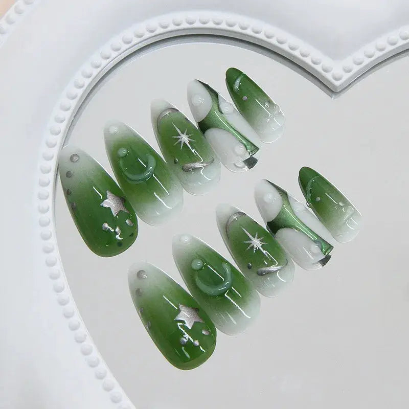 Press On Nails | 24pcs Summer Green Almond | Y2K Star Print | Reusable