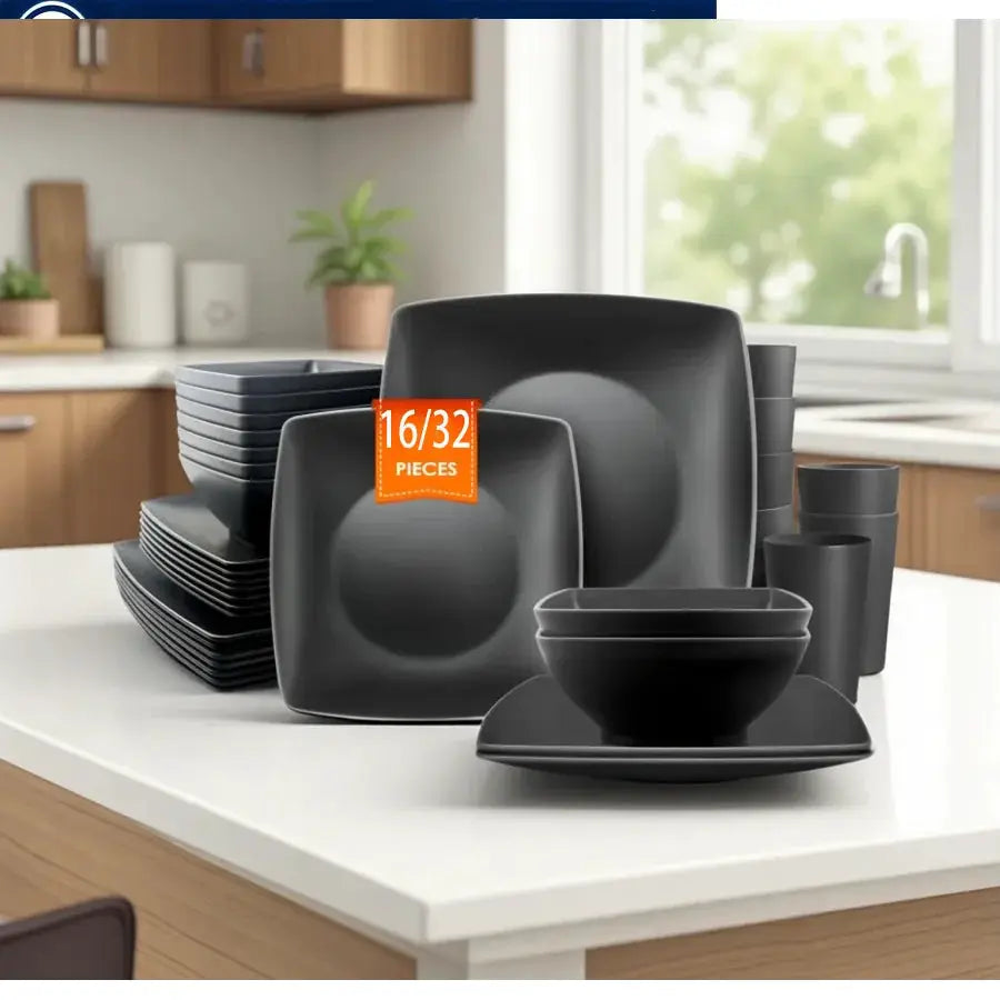 16/32 piece square steak plate salad bowl tableware set, square plate bowl cup, environmentally friendly and durable from PriceLows™