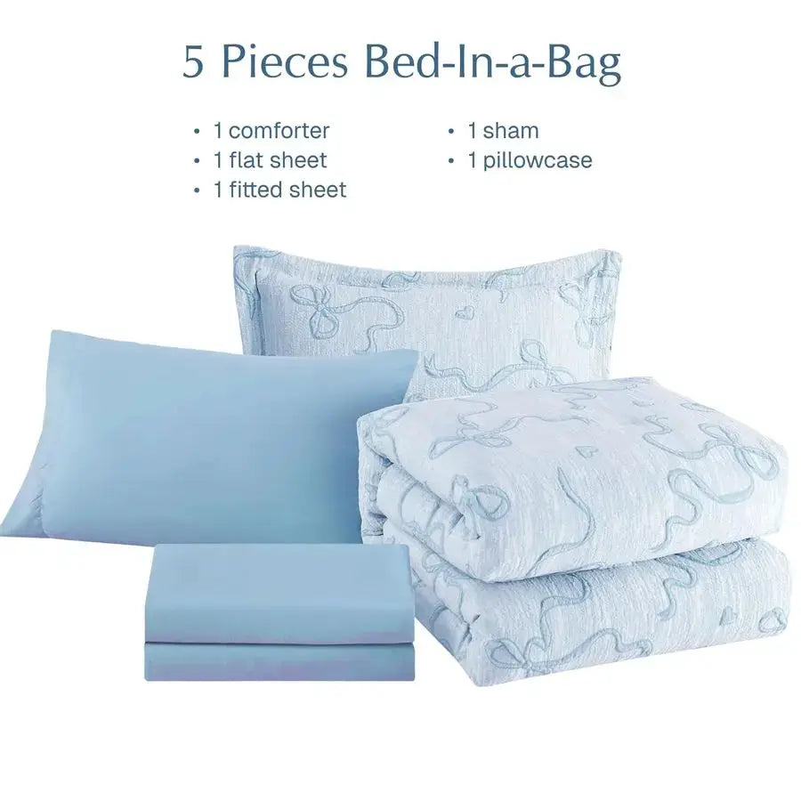 Light Blue Twin Comforter Set for Girls 5 Pieces Bowknot Jacquard Bed in A Bag Twin Bedding Sets with Sheets, Pillowcases amp Sh from PriceLows™