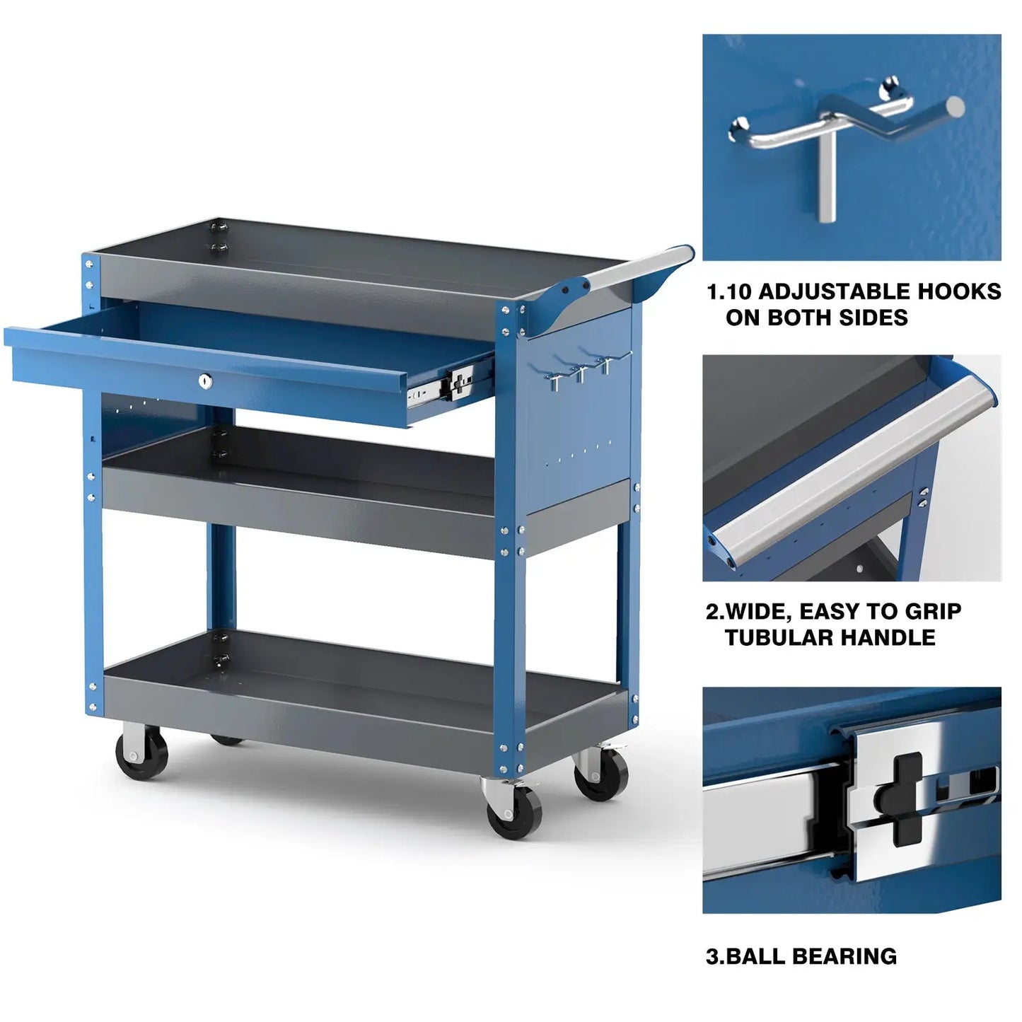 AIRAJ 3 Tier Rolling Tool Cart on Wheels,Metal Heavy Duty Mechanic Cart with Drawers and Pegboard,Industrial Utility Cart from PriceLows™