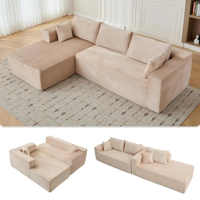 Sectional Sofa | L Shaped With Chaise | Beige Corduroy Fabric | Width Over 240cm