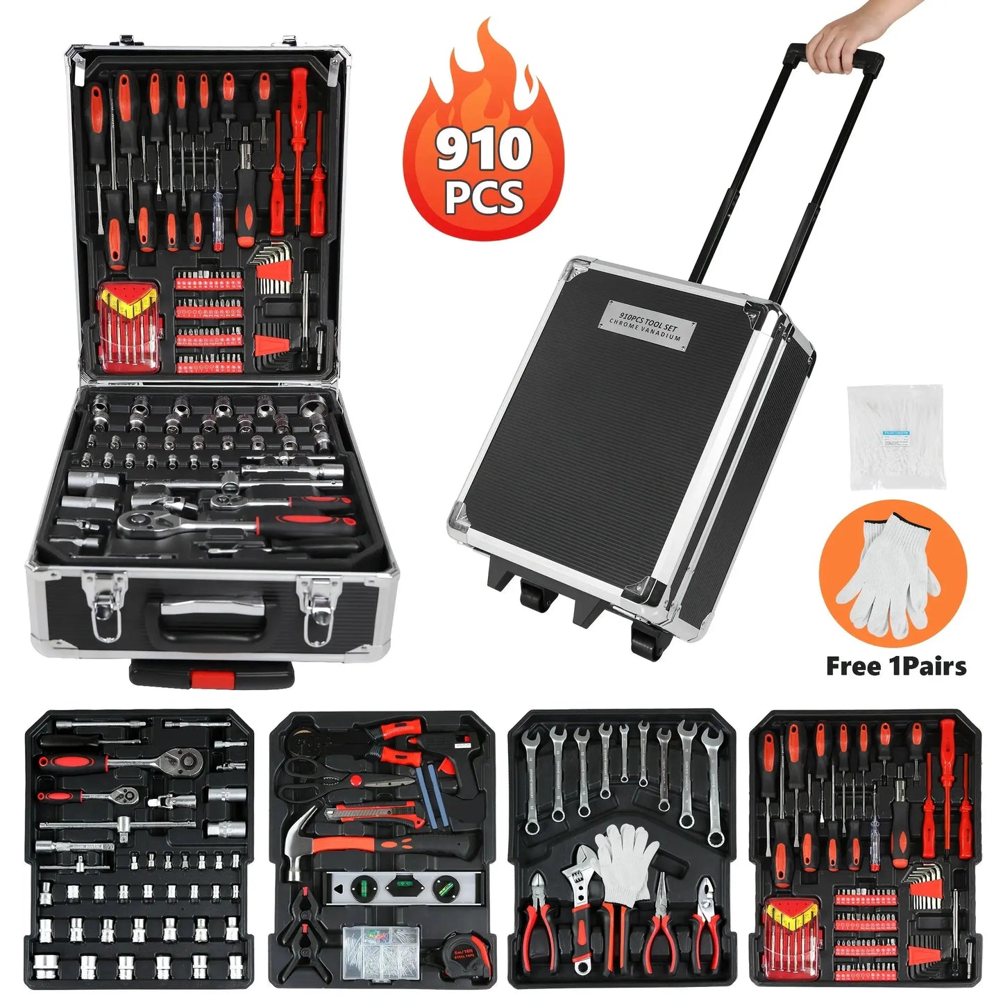910pcs Aluminum Trolley Case Tool Set with Wheels, Four-Layer Tool Kit with Rolling Tool Box, Portable Toolbox Storage Case with Drawer for Repair Gift On Father's Day Christmas Stuff Valentine's Day Gifts from PriceLows™