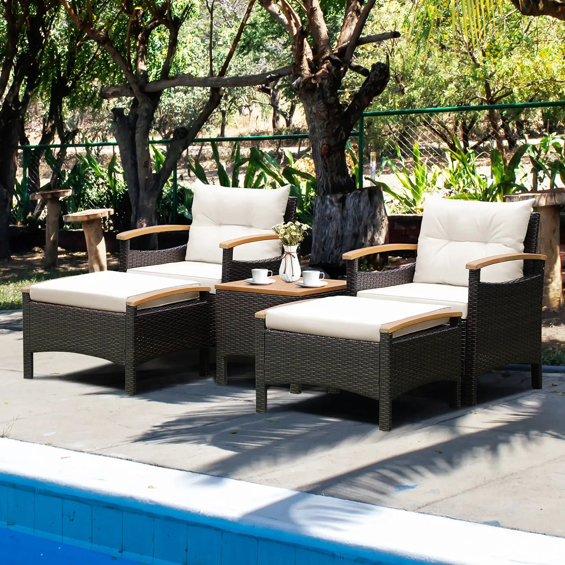 5PCS Patio Rattan Furniture Set Sofa Ottoman Cushioned Table W/Wood Top from PriceLows™