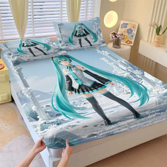 3Pcs Hatsune Miku Fitted Sheet Set with 2 Pillowcases Ice Palace Anime Bedding Set Soft Deep Pocket for Fan & Teen Bedroom Decor from PriceLows™