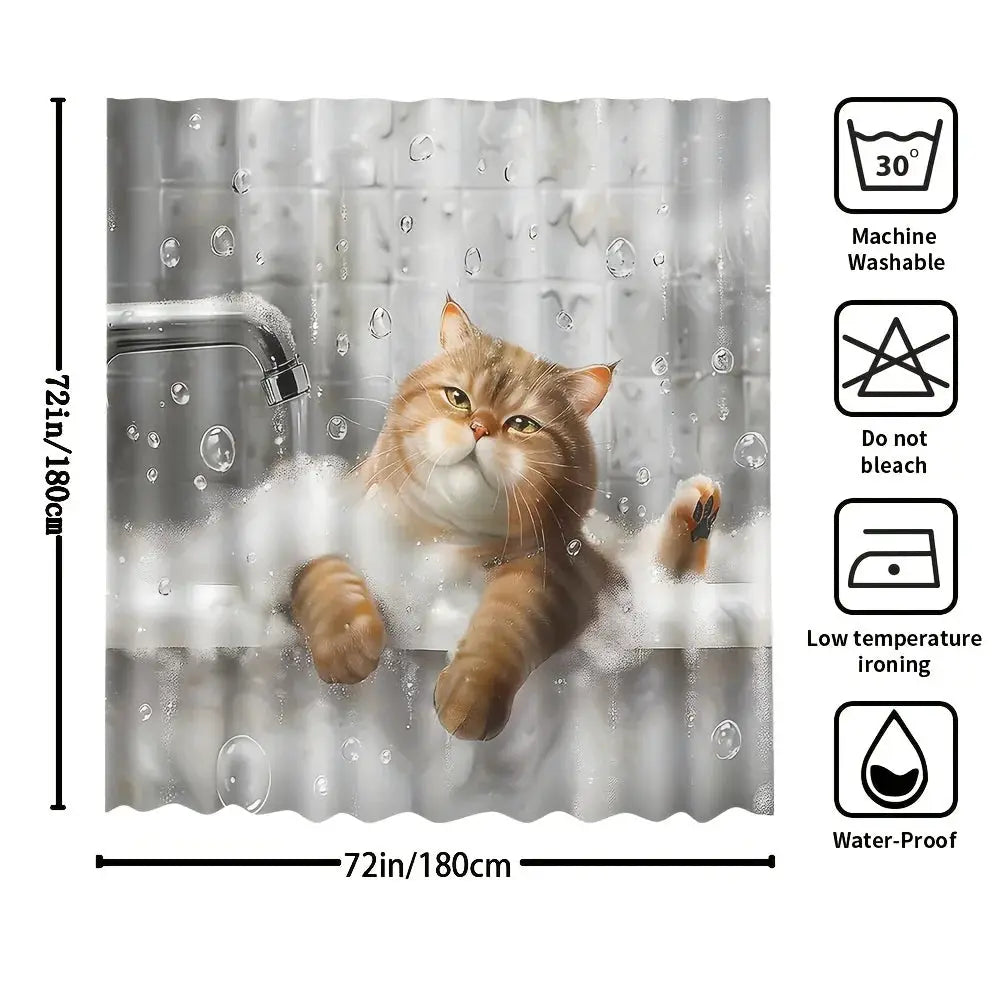 1pc Shower Curtain - Adorable Orange Cat in a Bathtub with Bubbles and Water Drops Design Waterproof from PriceLows™