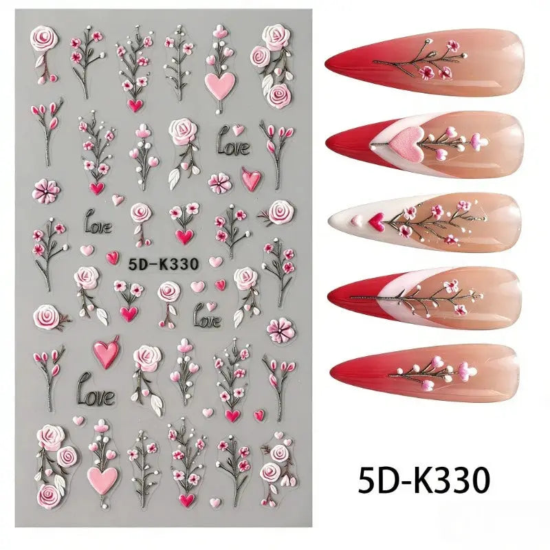 5D Embossed Green Vine Floral Nail Stickers - Matte Finish Self-Adhesive Nail Art Decals with Cartoon-Style Flowers from PriceLows™