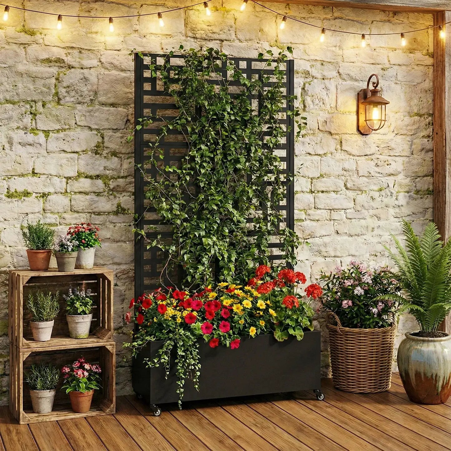 Metal Standing Planter Box with Trellis and Wheels 70.87x35.43x15.75 Inch Raised Box Suitable for Climbing Plants and Vegetables from PriceLows™