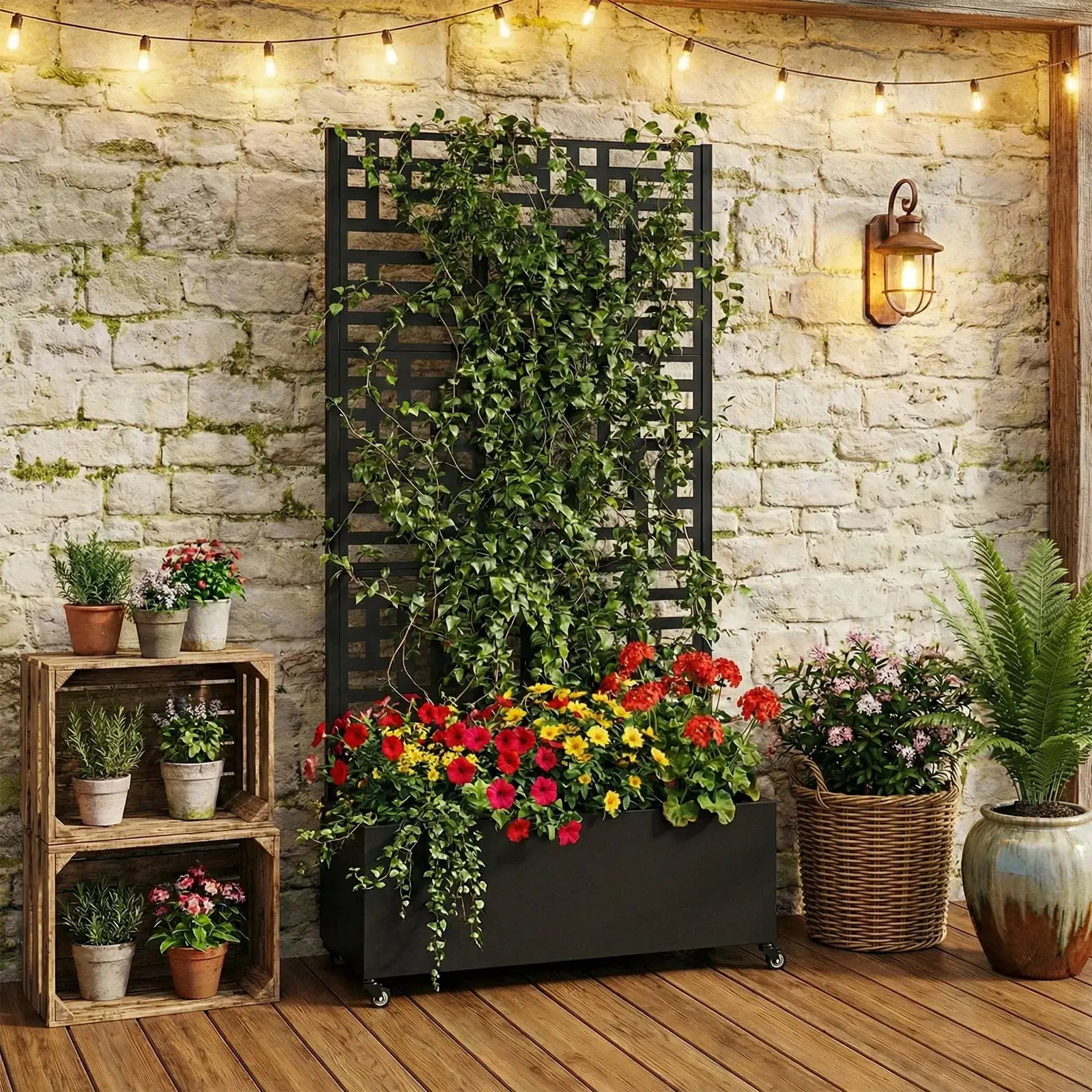 Metal Standing Planter Box with Trellis and Wheels 70.87x35.43x15.75 Inch Raised Box Suitable for Climbing Plants and Vegetables from PriceLows™