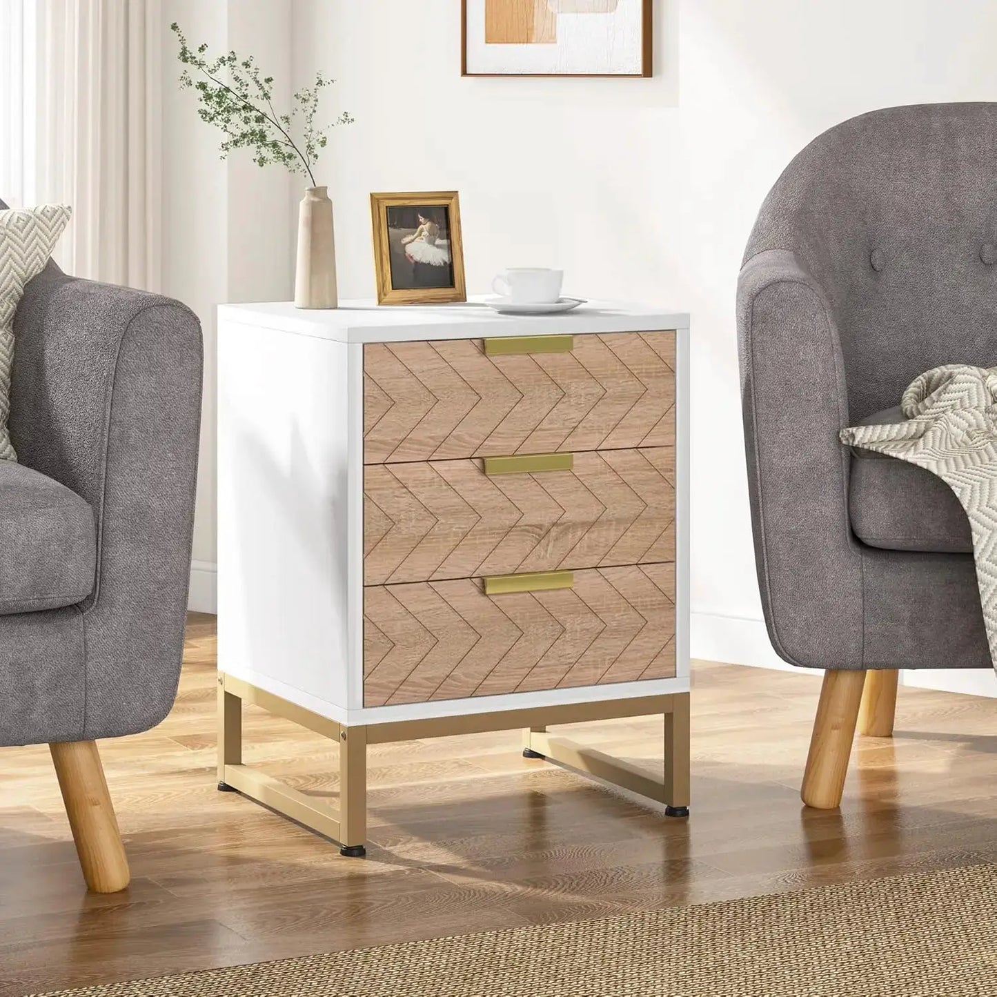3 Drawers Nightstand, Modern Bedside Table with Unique Chevron Design, White End Side Table Night Stands for Bedroom from PriceLows™