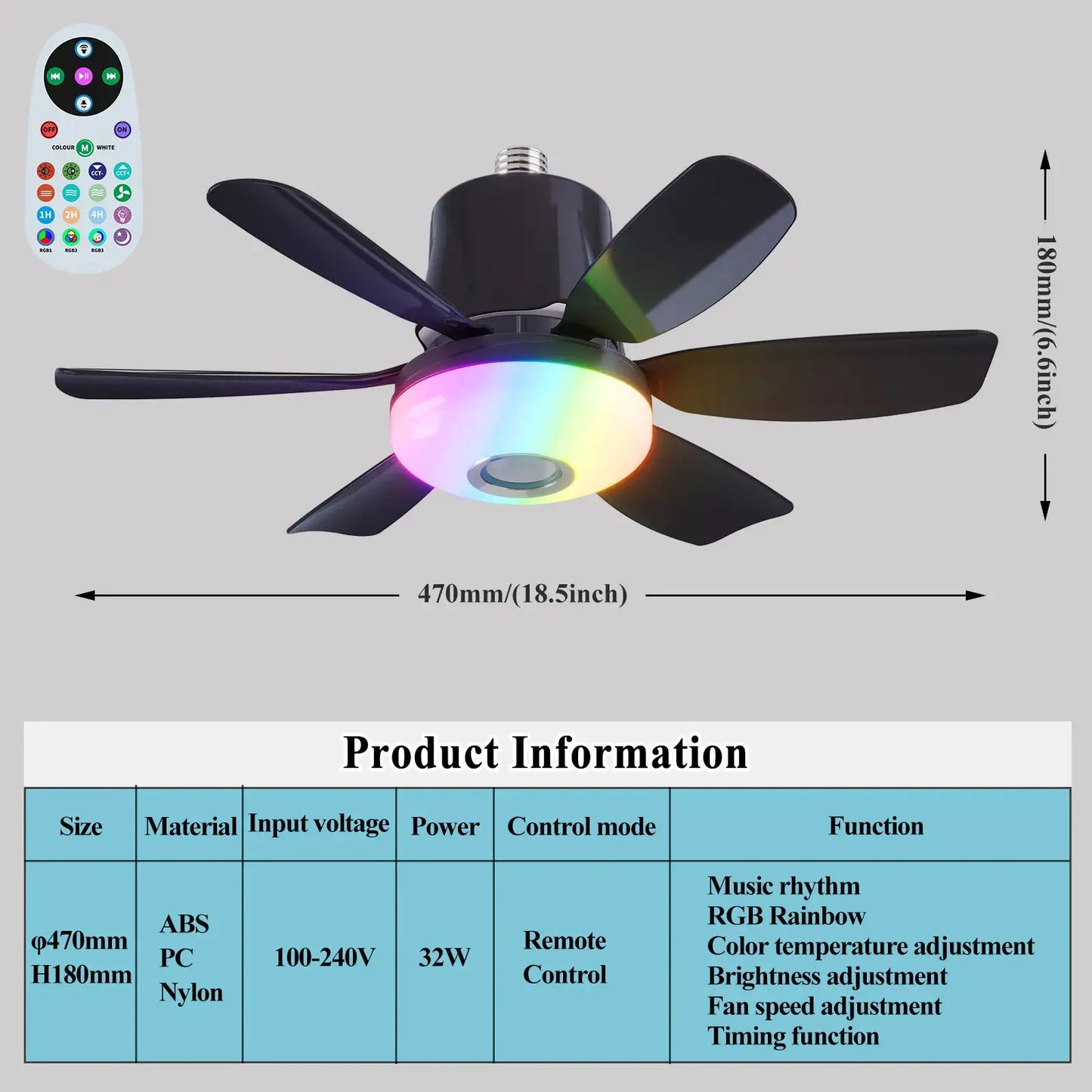 Ceiling Fan | E27 Base | RGB LED Light Bluetooth Speaker