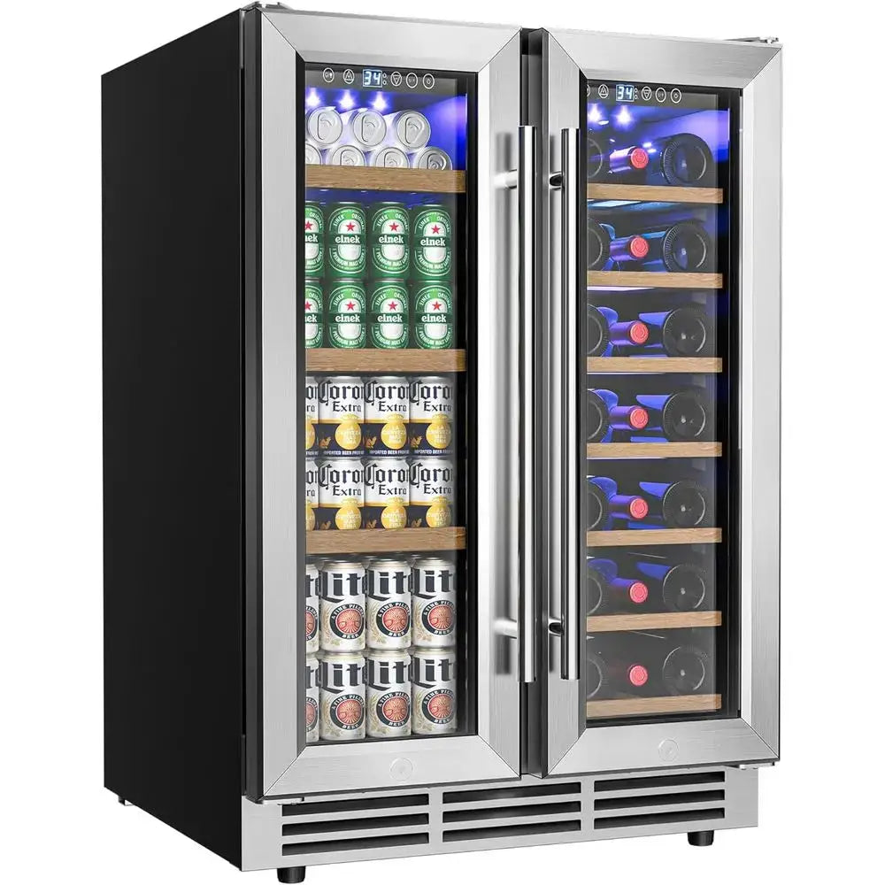 24 Dual Zone Wine & Beverage Cooler, Holds 21 Bottles + 88 Cans, Under-Counter Design with Blue LED Light from PriceLows™