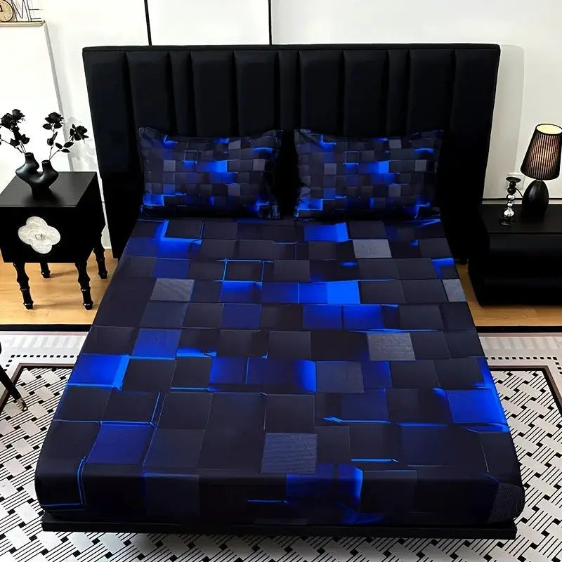 3pcs Cool Technology Digital Printing Material Plaid Fitted Sheet(1pc Bed Sheet+2pcs Pillowcase No Filling) Deep Pocket In 15 In from PriceLows™