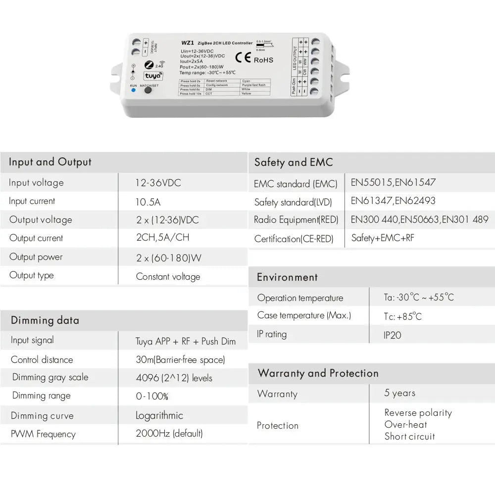 2in1 Zigbee LED Controller 12V 24V Dimmer CCT WWCW Strip Light Control 2.4G RF Touch Remote Tuya Smart Life APP for Alexa Google from PriceLows™