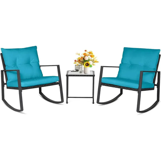 3-Piece Black Wicker Outdoor Rocking Bistro Set with Light Blue Cushions and Glass Coffee Table from PriceLows™